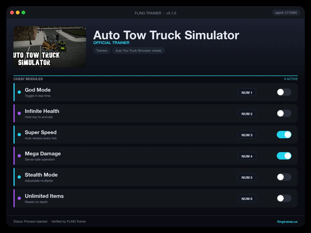 Auto Tow Truck Simulator Trainer interface