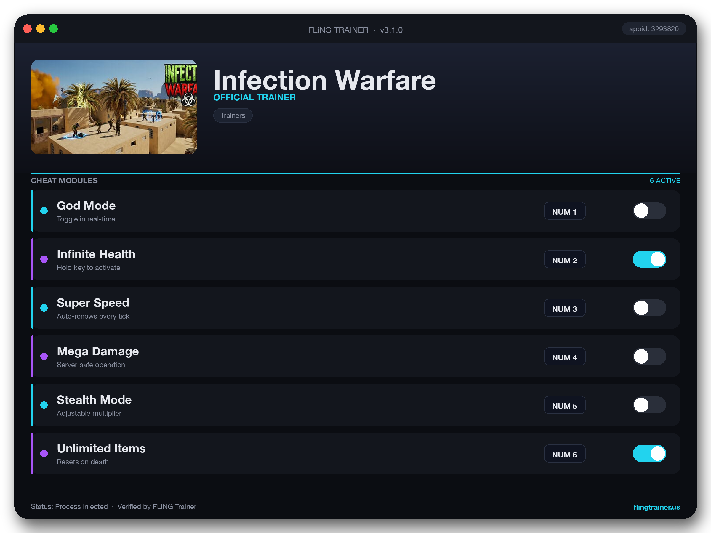 Infection Warfare Trainer interface