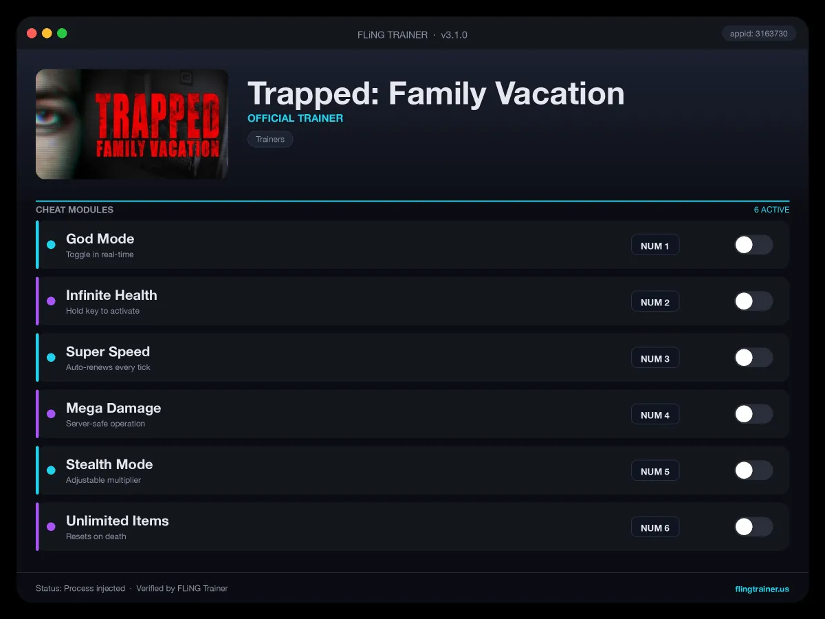 Trapped: Family Vacation Trainer interface