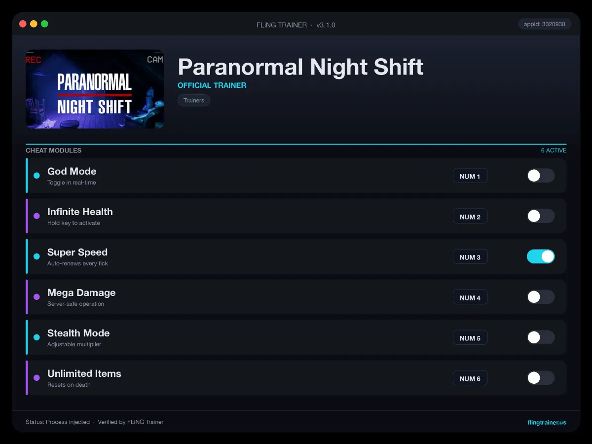 Paranormal Night Shift Trainer interface