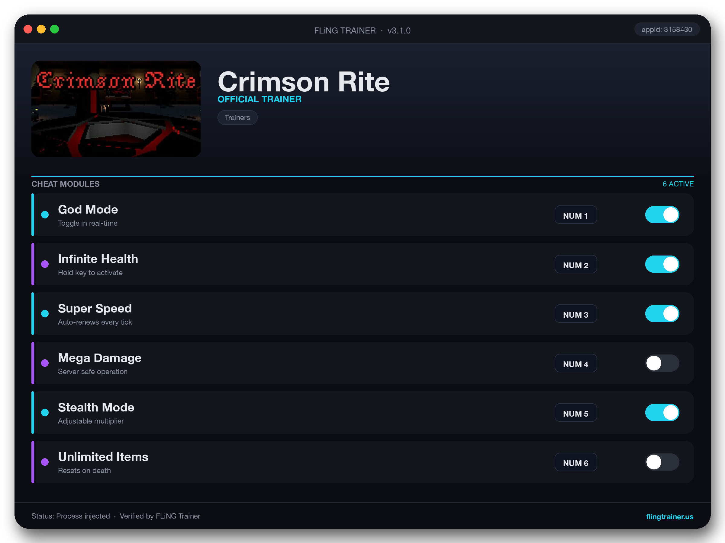 Crimson Rite Trainer interface