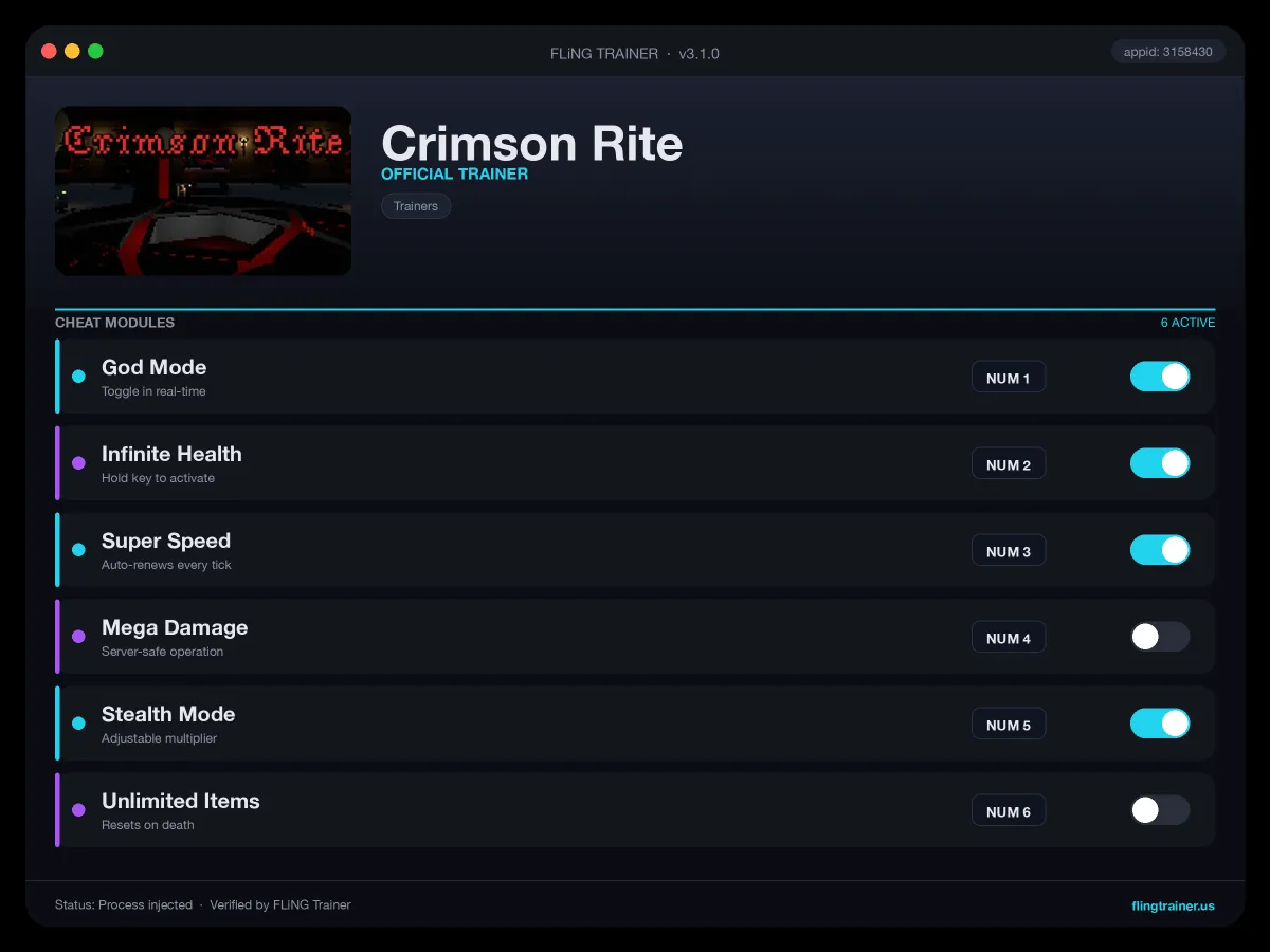 Crimson Rite Trainer interface