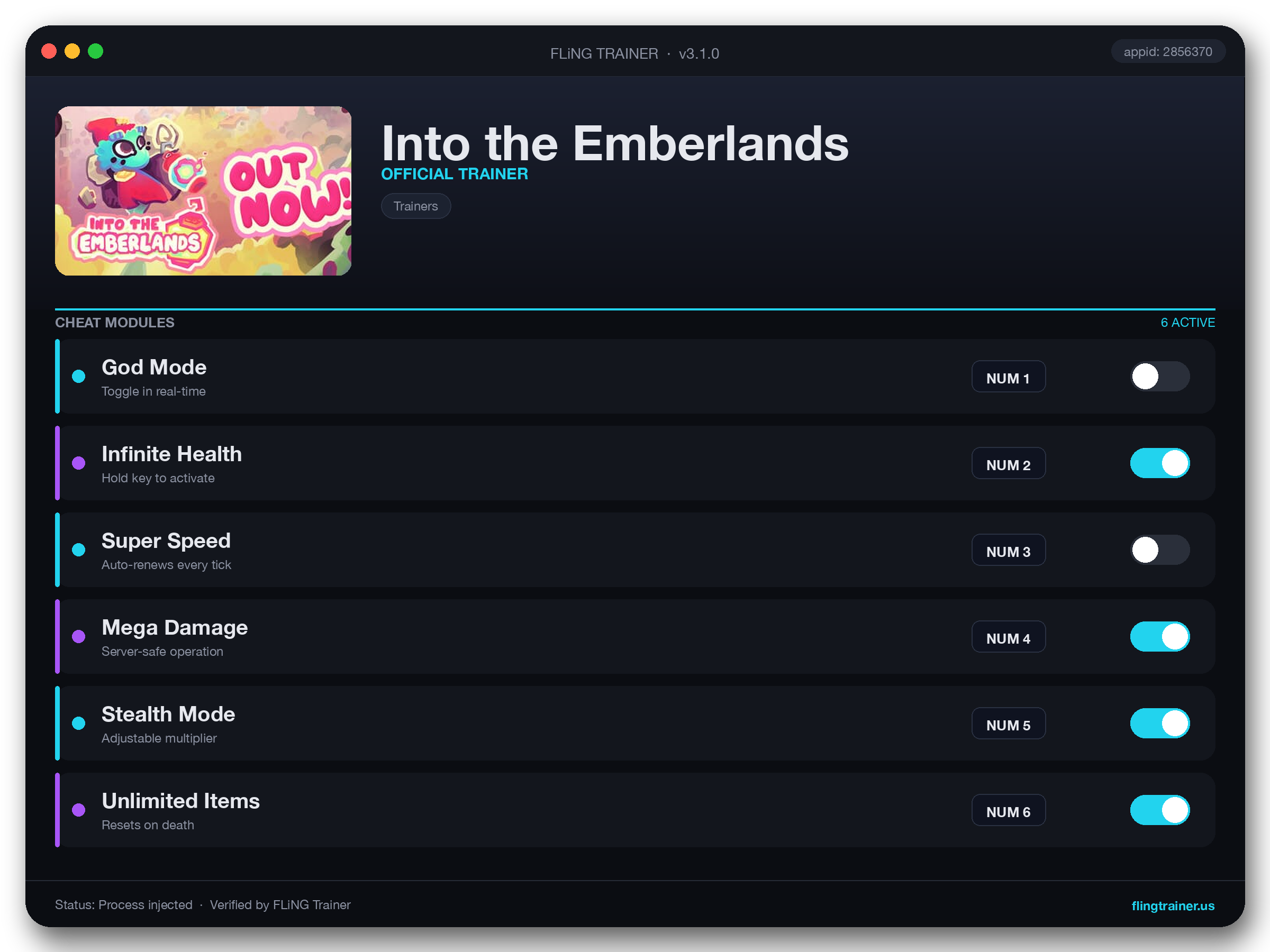 Into the Emberlands Trainer interface