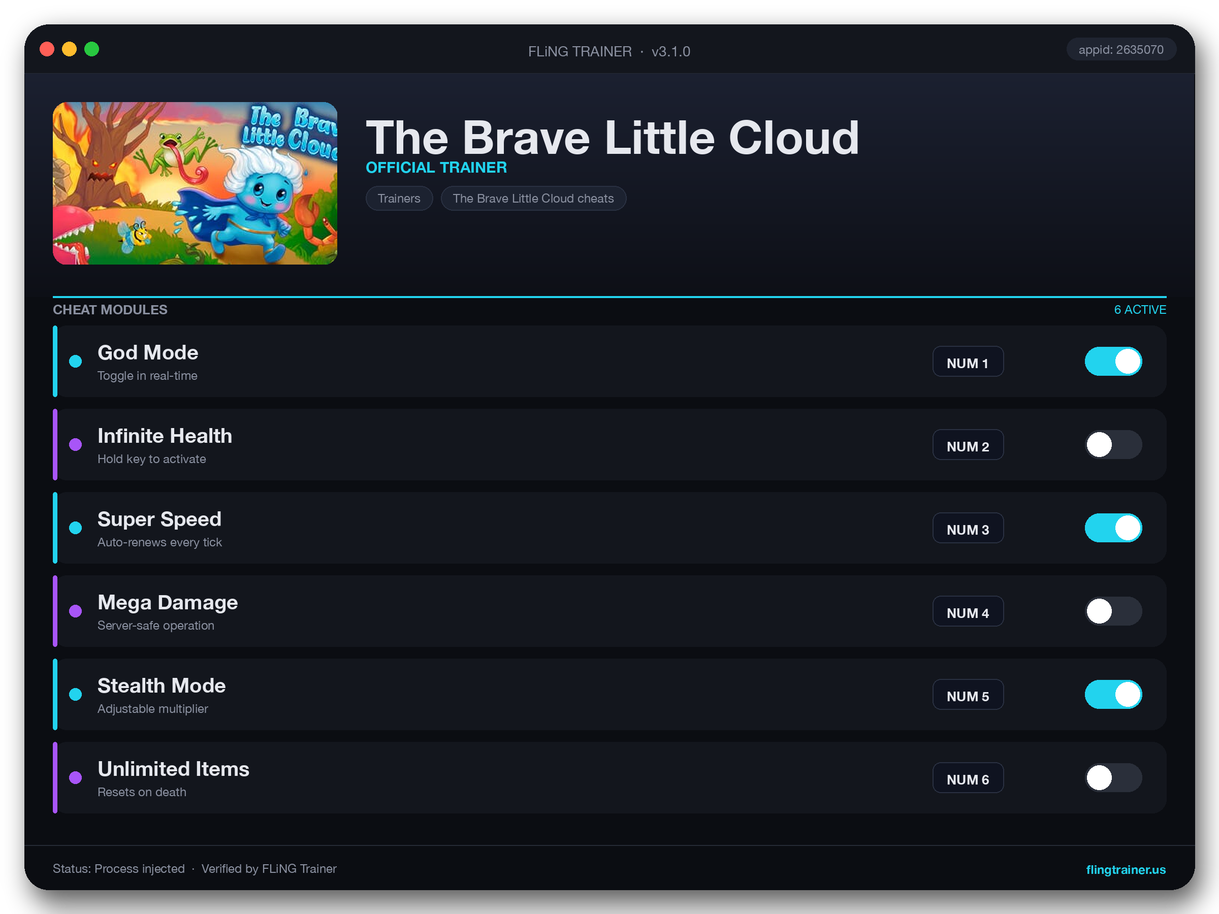 The Brave Little Cloud Trainer interface