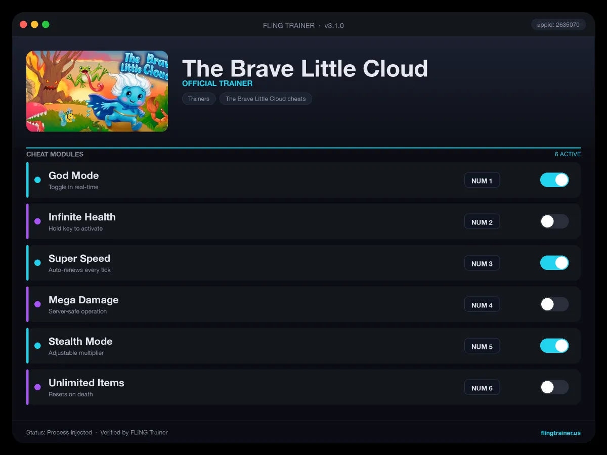 The Brave Little Cloud Trainer interface