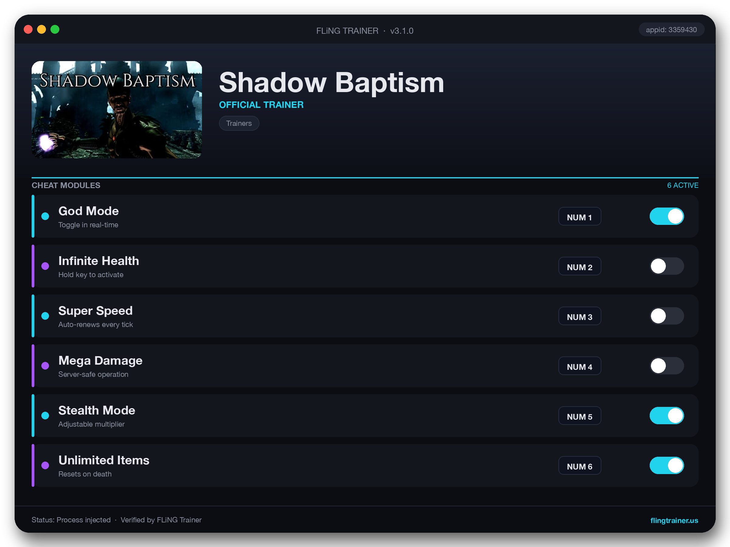 Shadow Baptism Trainer interface