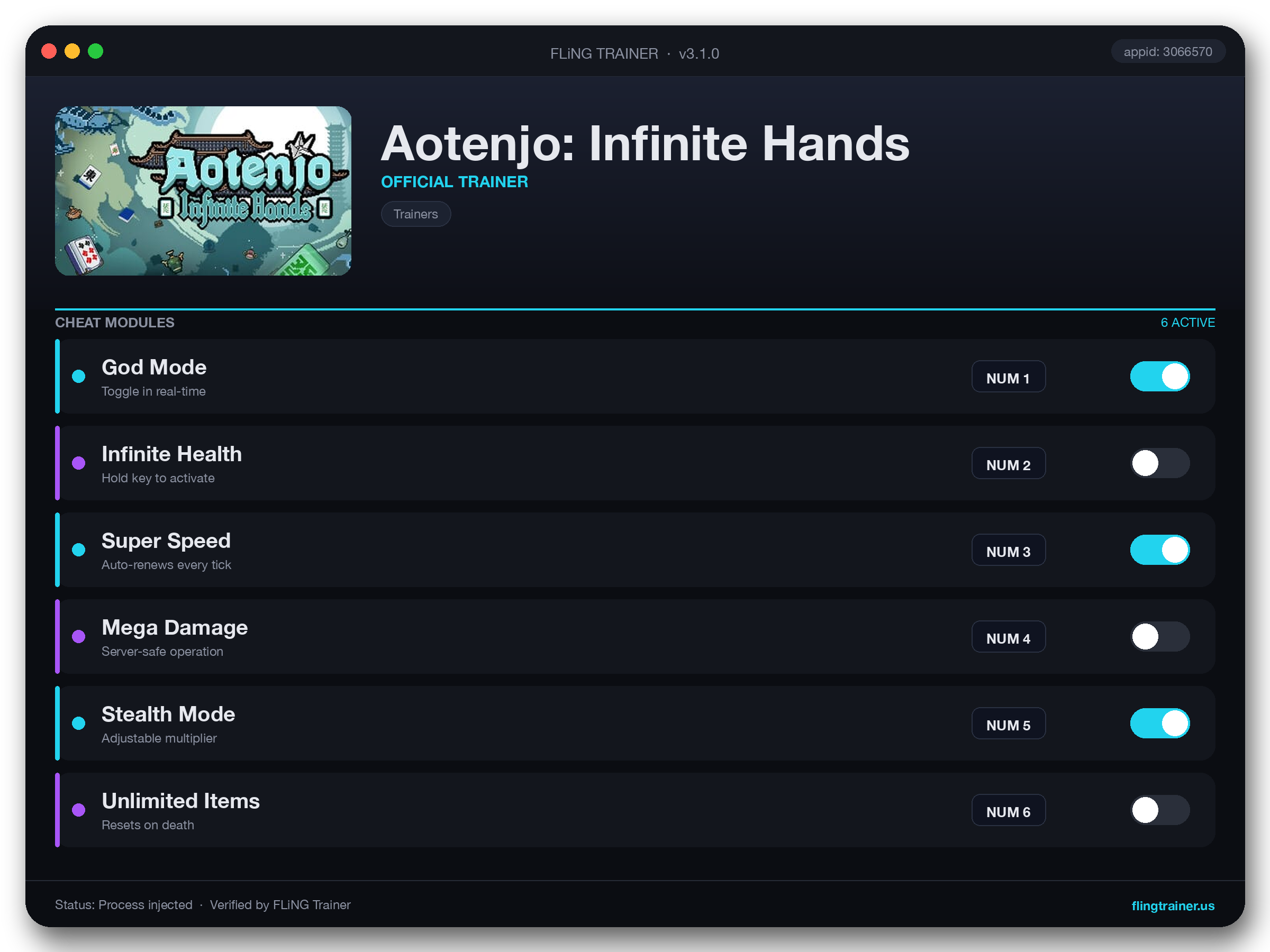 Aotenjo: Infinite Hands Trainer interface