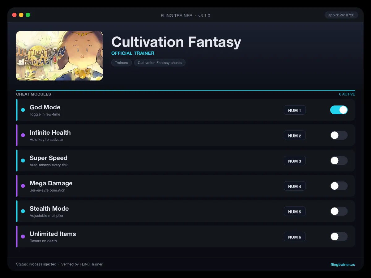 Cultivation Fantasy Trainer interface