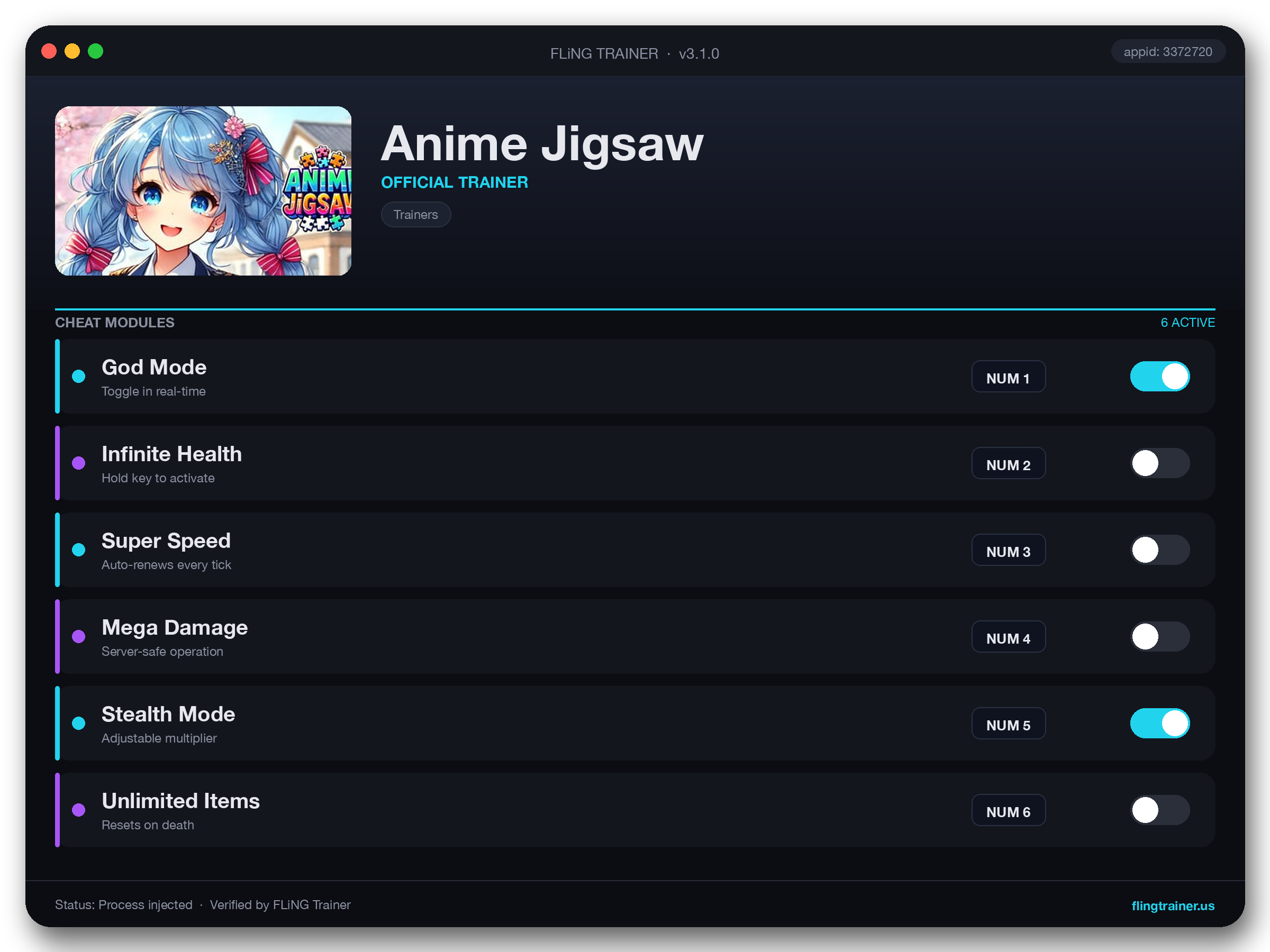Anime Jigsaw Trainer interface