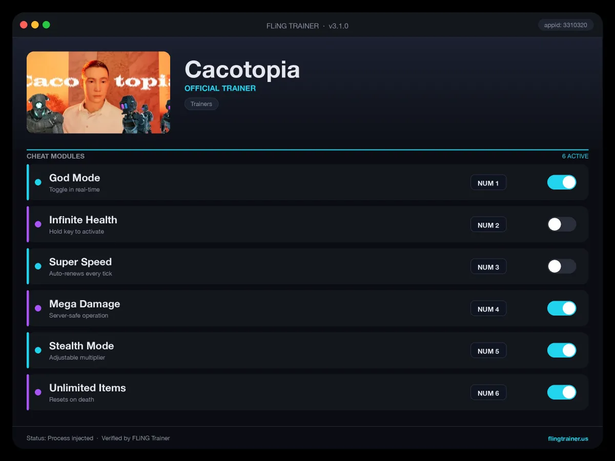 Cacotopia Trainer interface