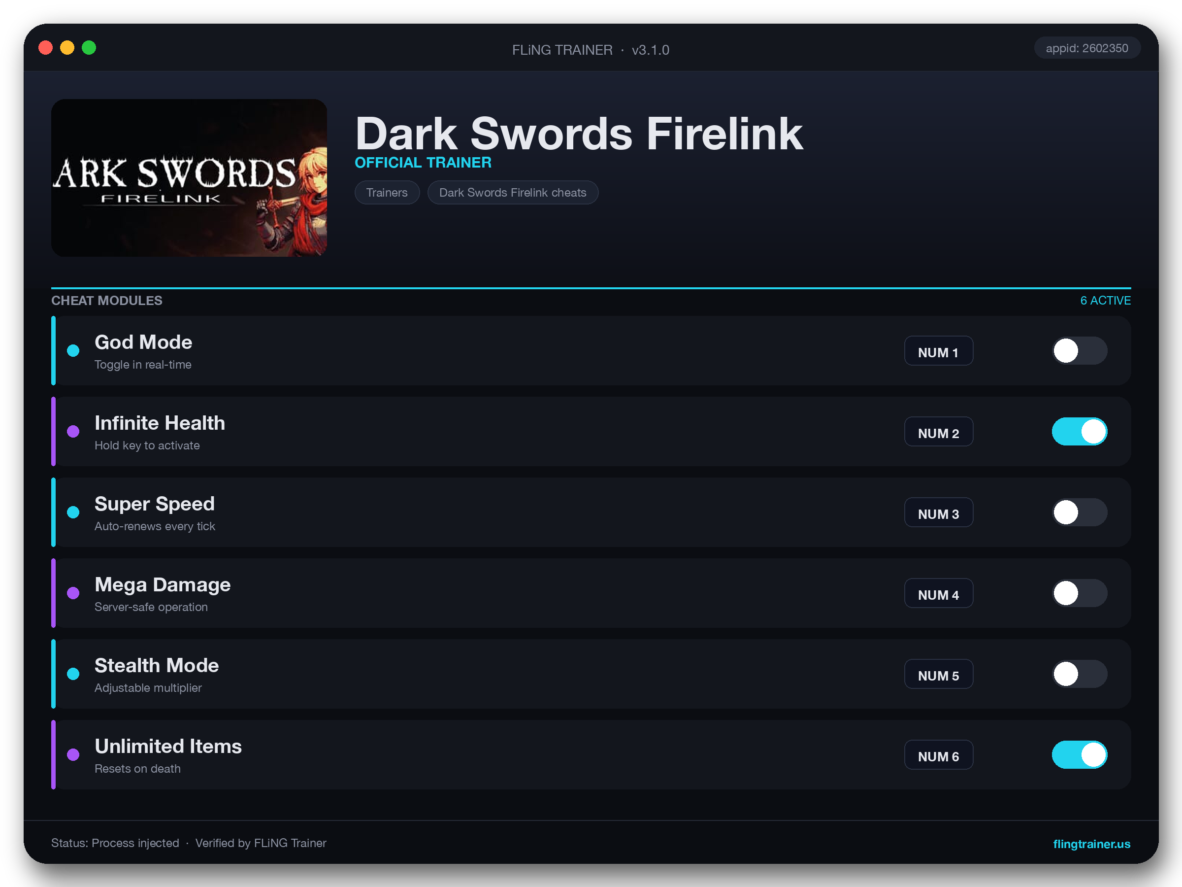 Dark Swords Firelink Trainer interface