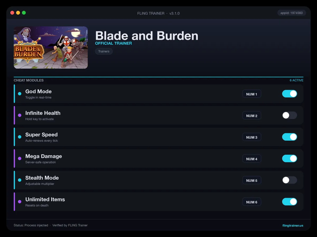 Blade and Burden Trainer interface