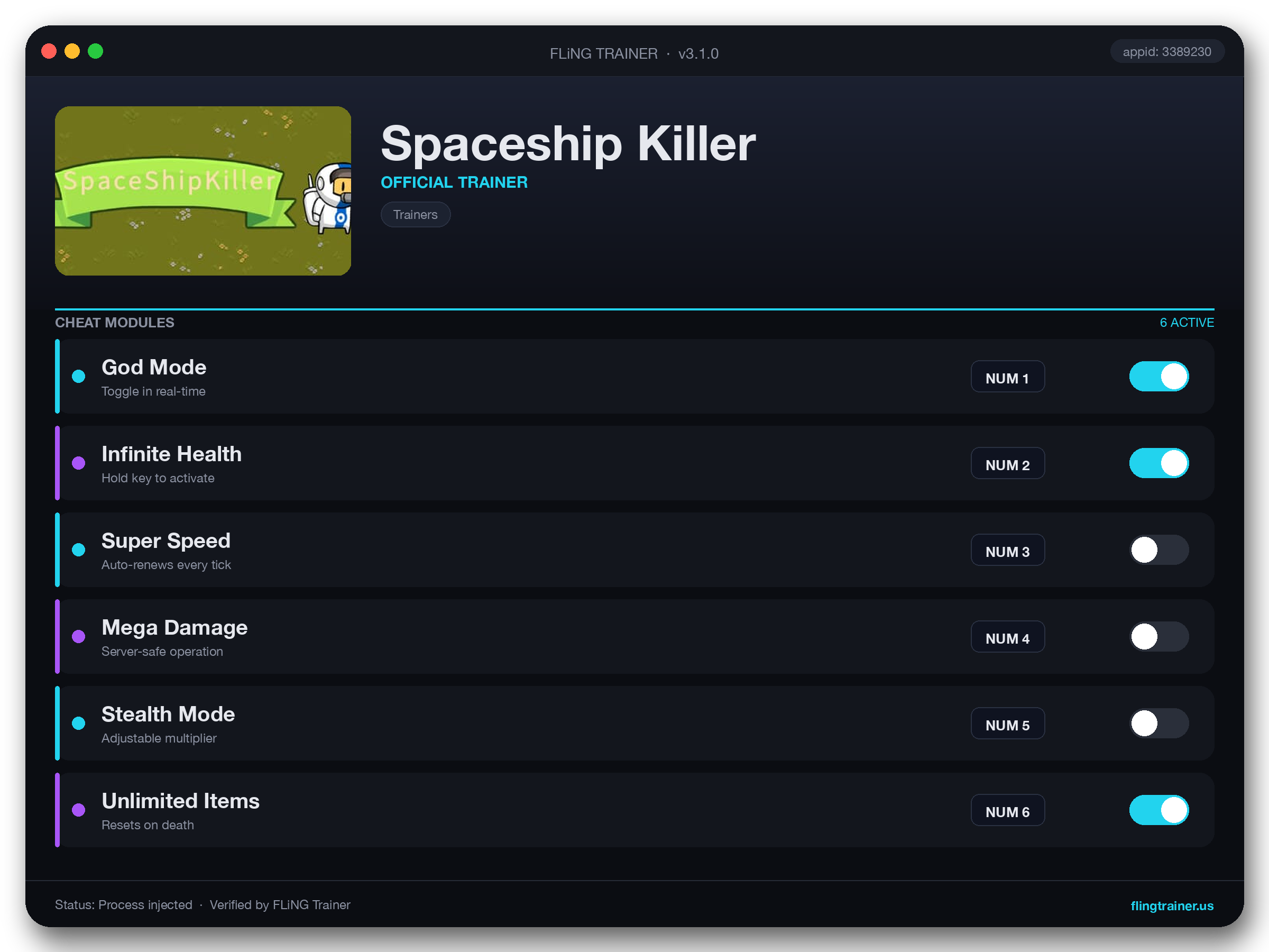 Spaceship Killer Trainer interface