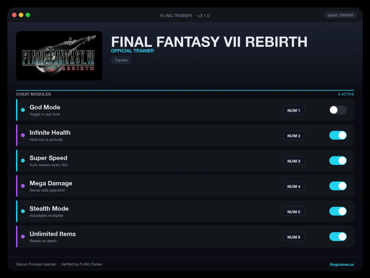 FINAL FANTASY VII REBIRTH Trainer interface