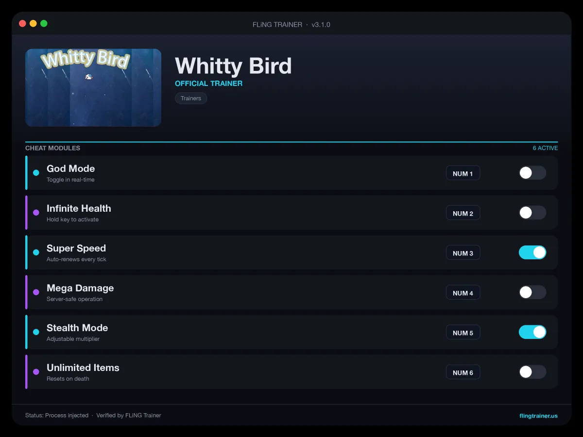 Whitty Bird Trainer interface