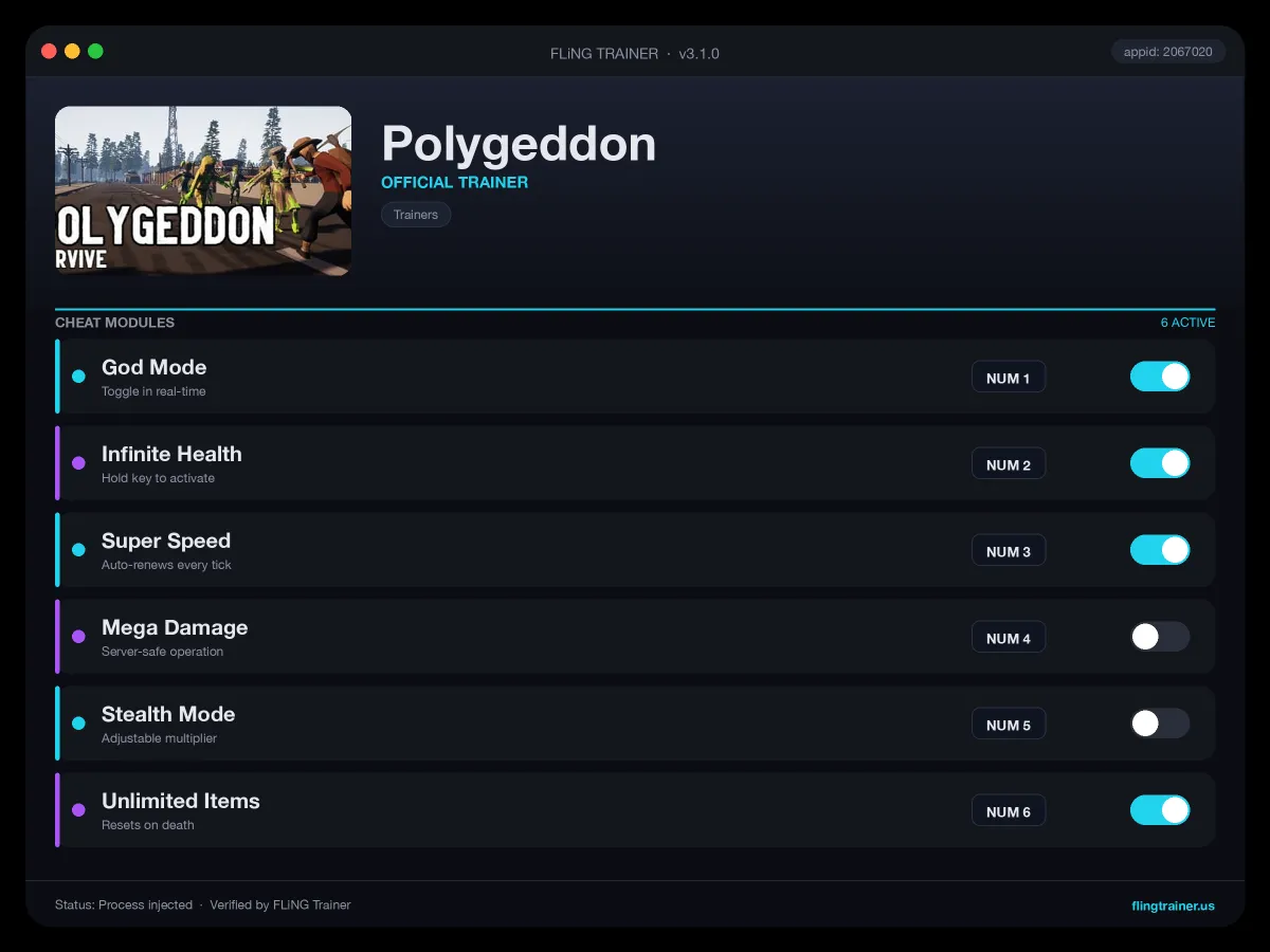 Polygeddon Trainer interface