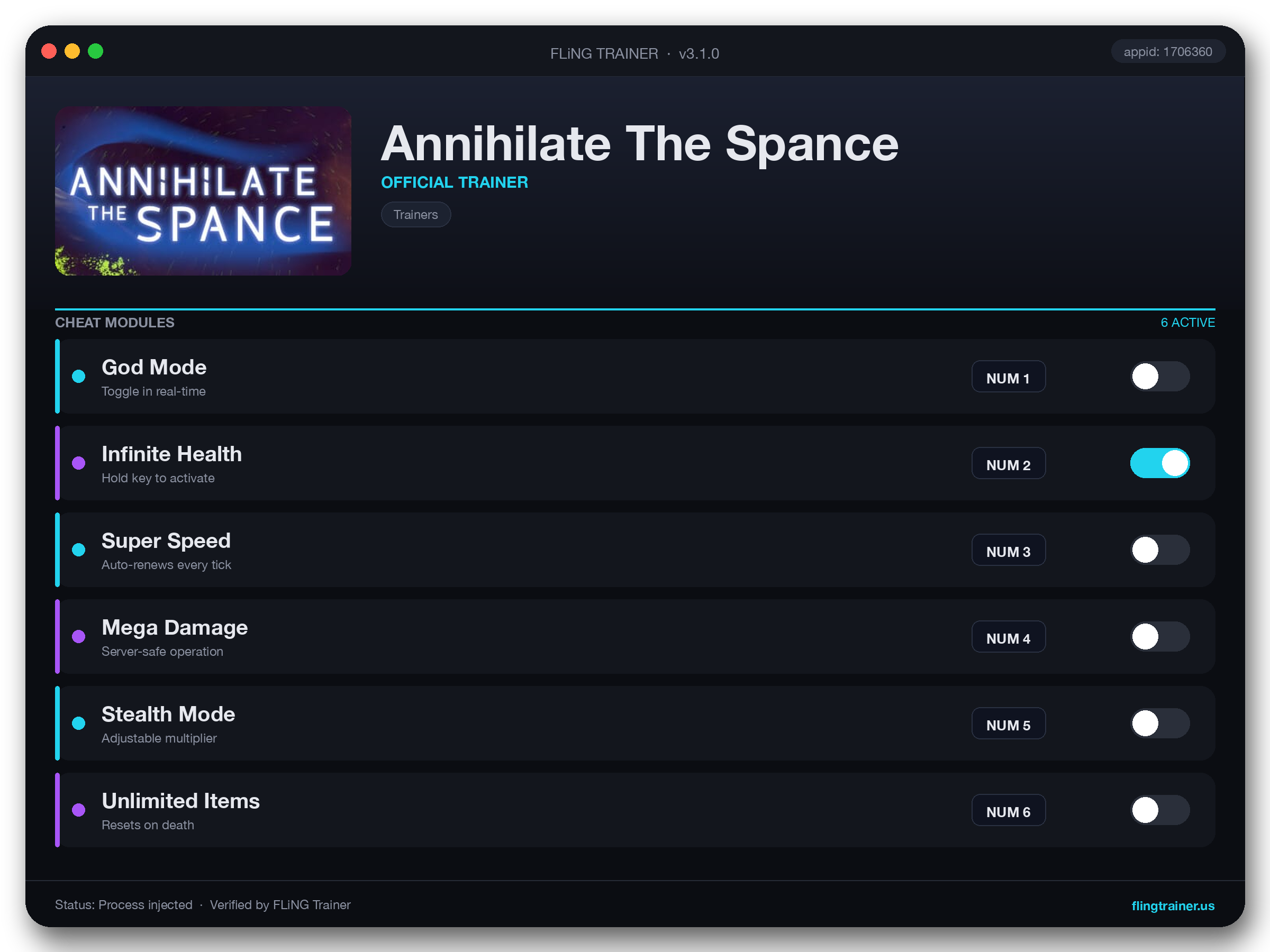 Annihilate The Spance Trainer interface