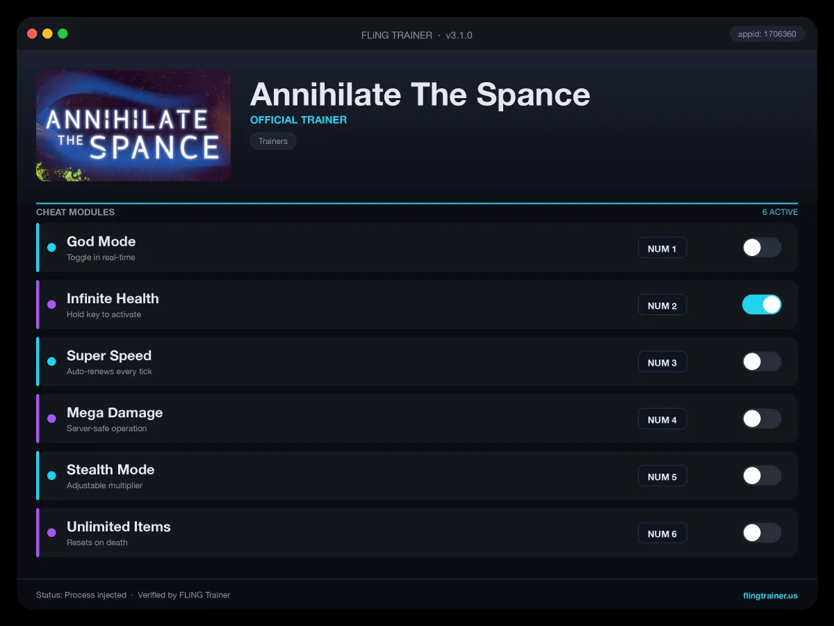 Annihilate The Spance Trainer interface