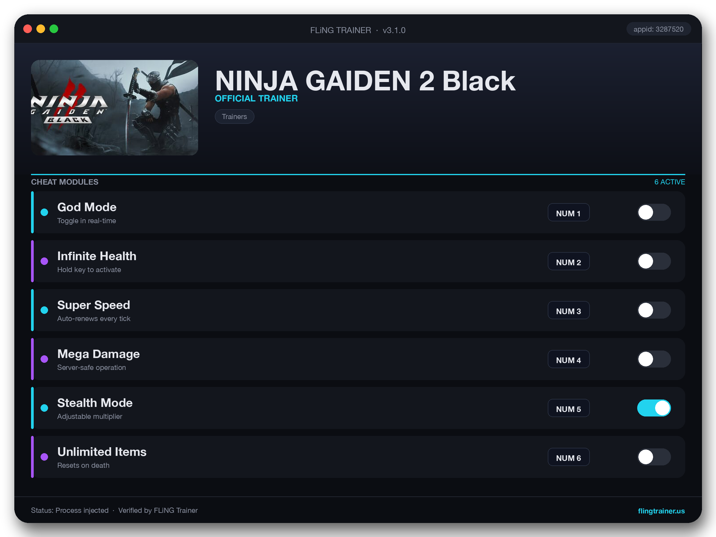NINJA GAIDEN 2 Black Trainer interface