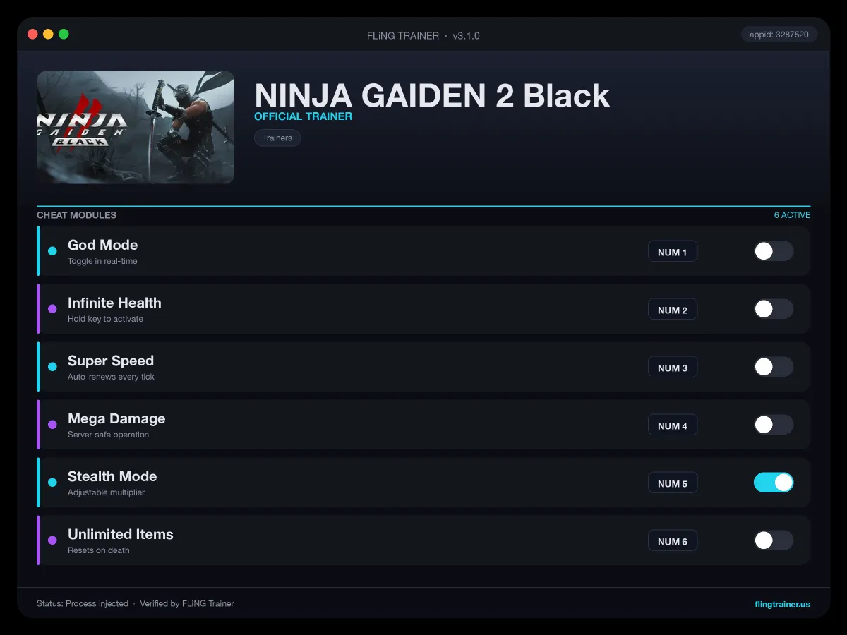 NINJA GAIDEN 2 Black Trainer interface