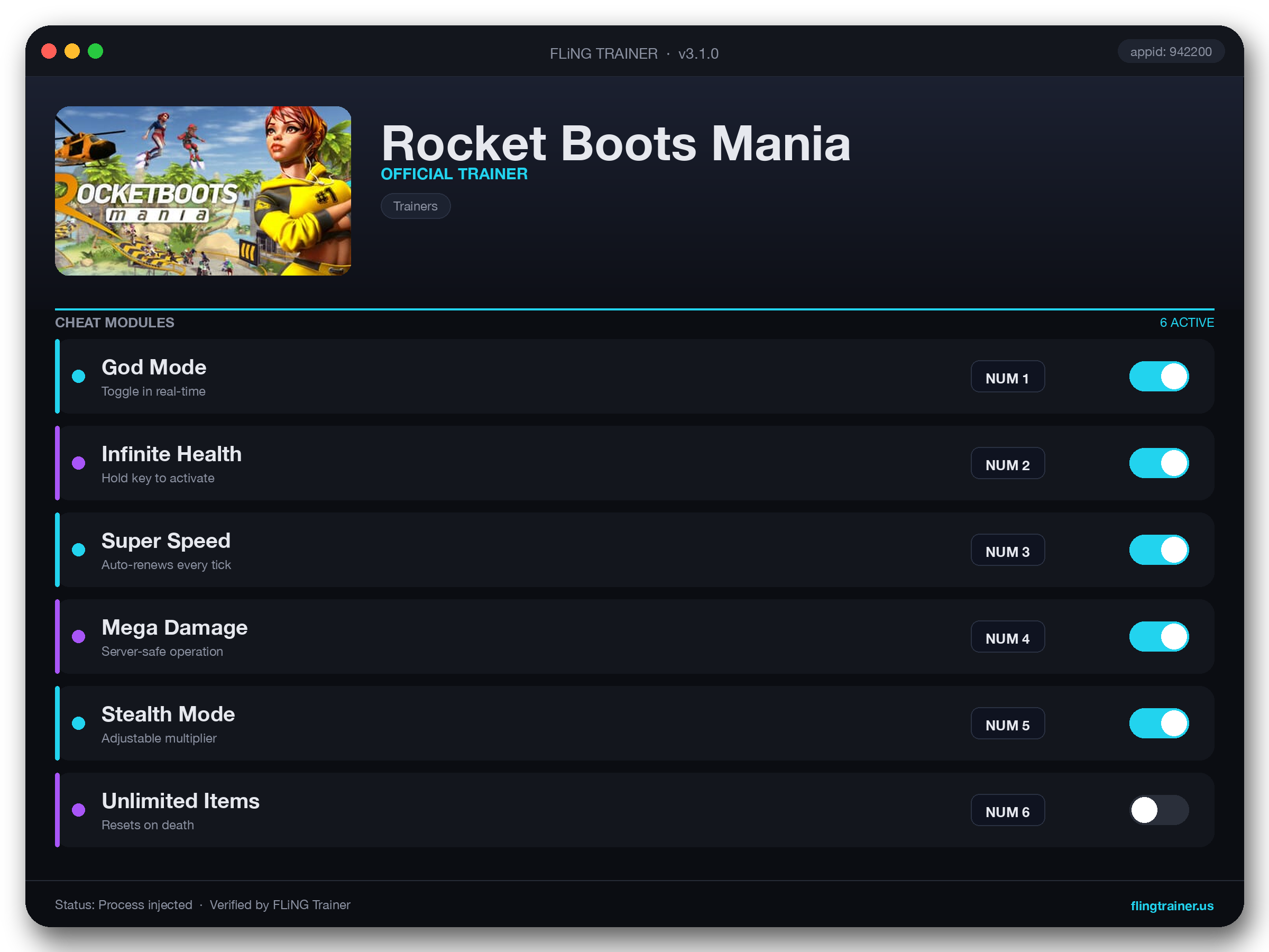 Rocket Boots Mania Trainer interface