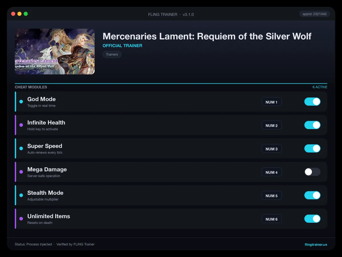 Mercenaries Lament: Requiem of the Silver Wolf Trainer interface