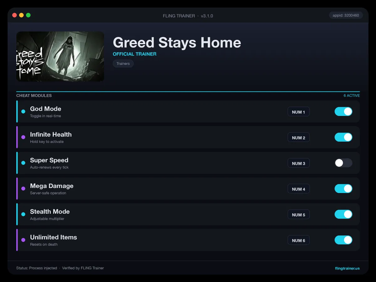 Greed Stays Home Trainer interface