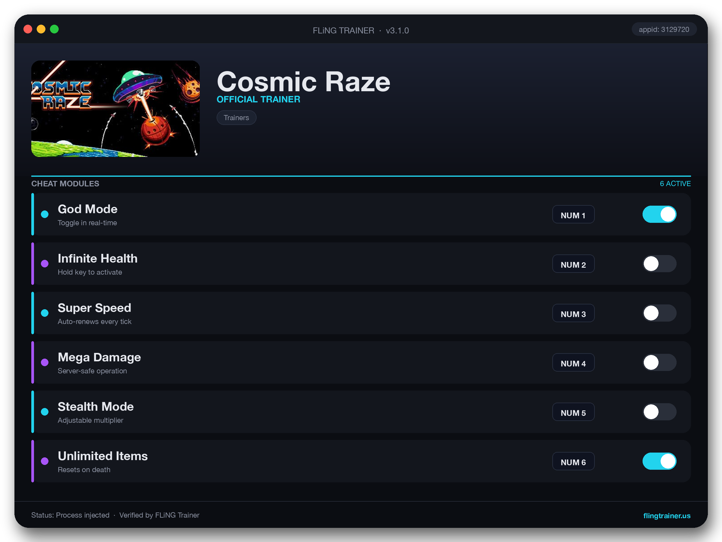 Cosmic Raze Trainer interface