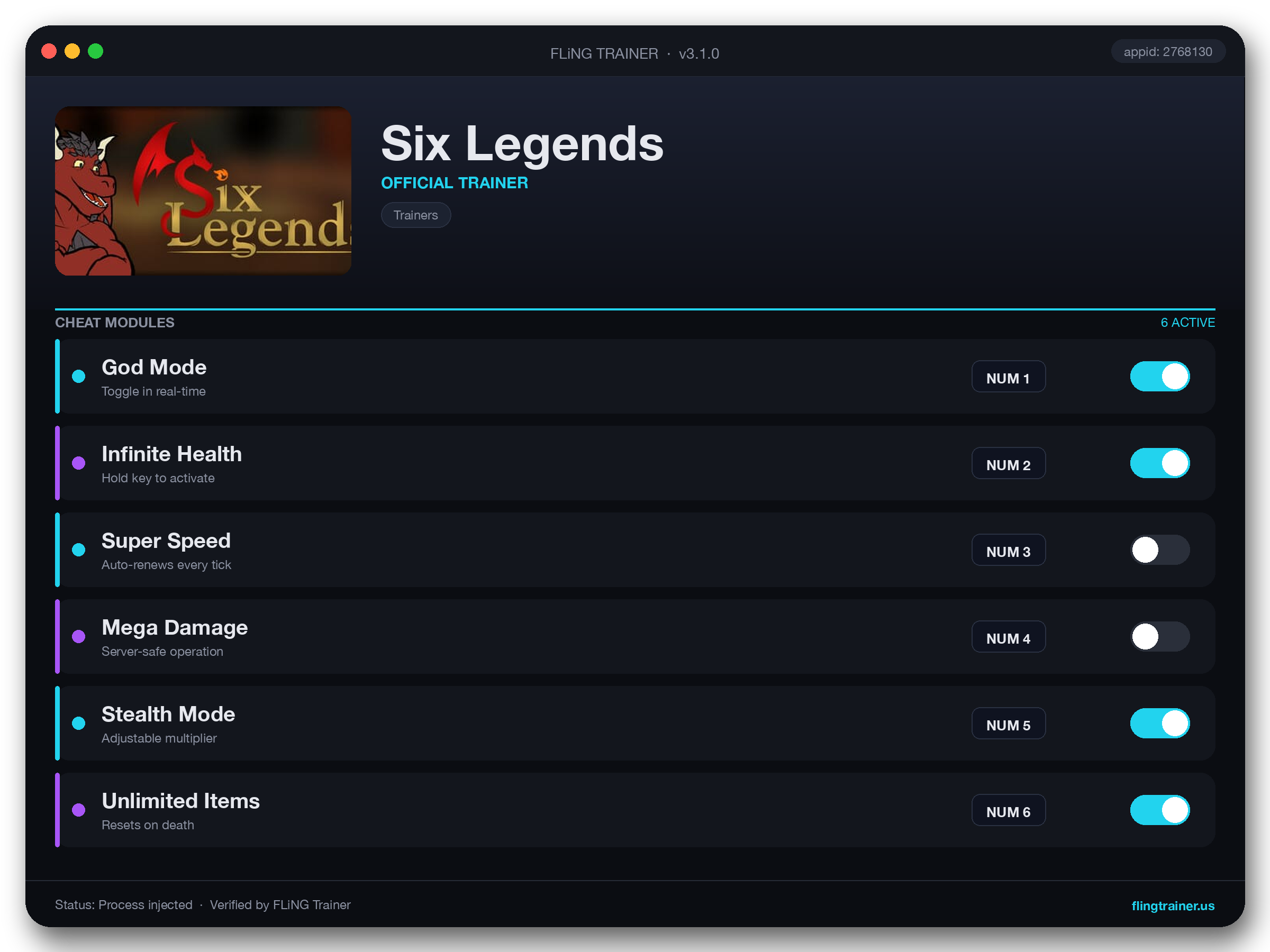 Six Legends Trainer interface