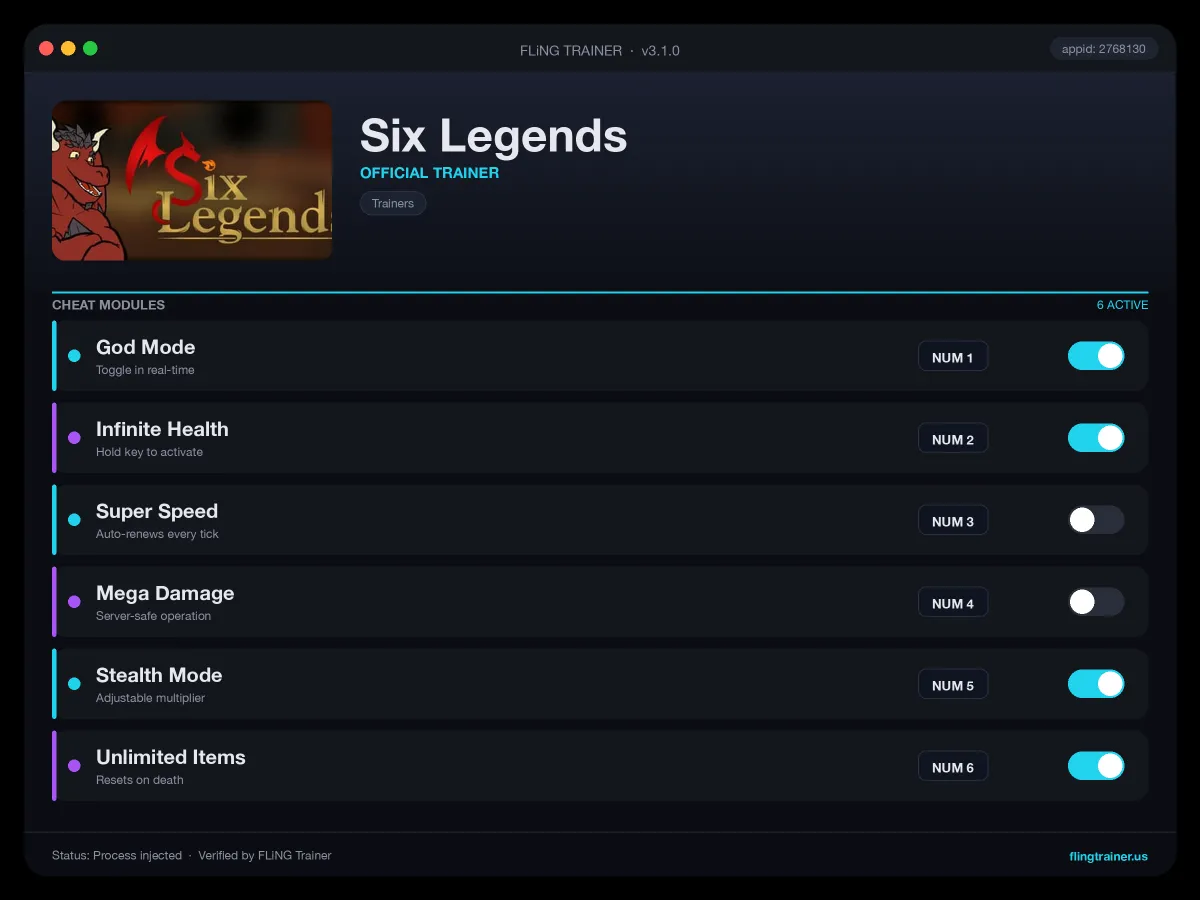Six Legends Trainer interface