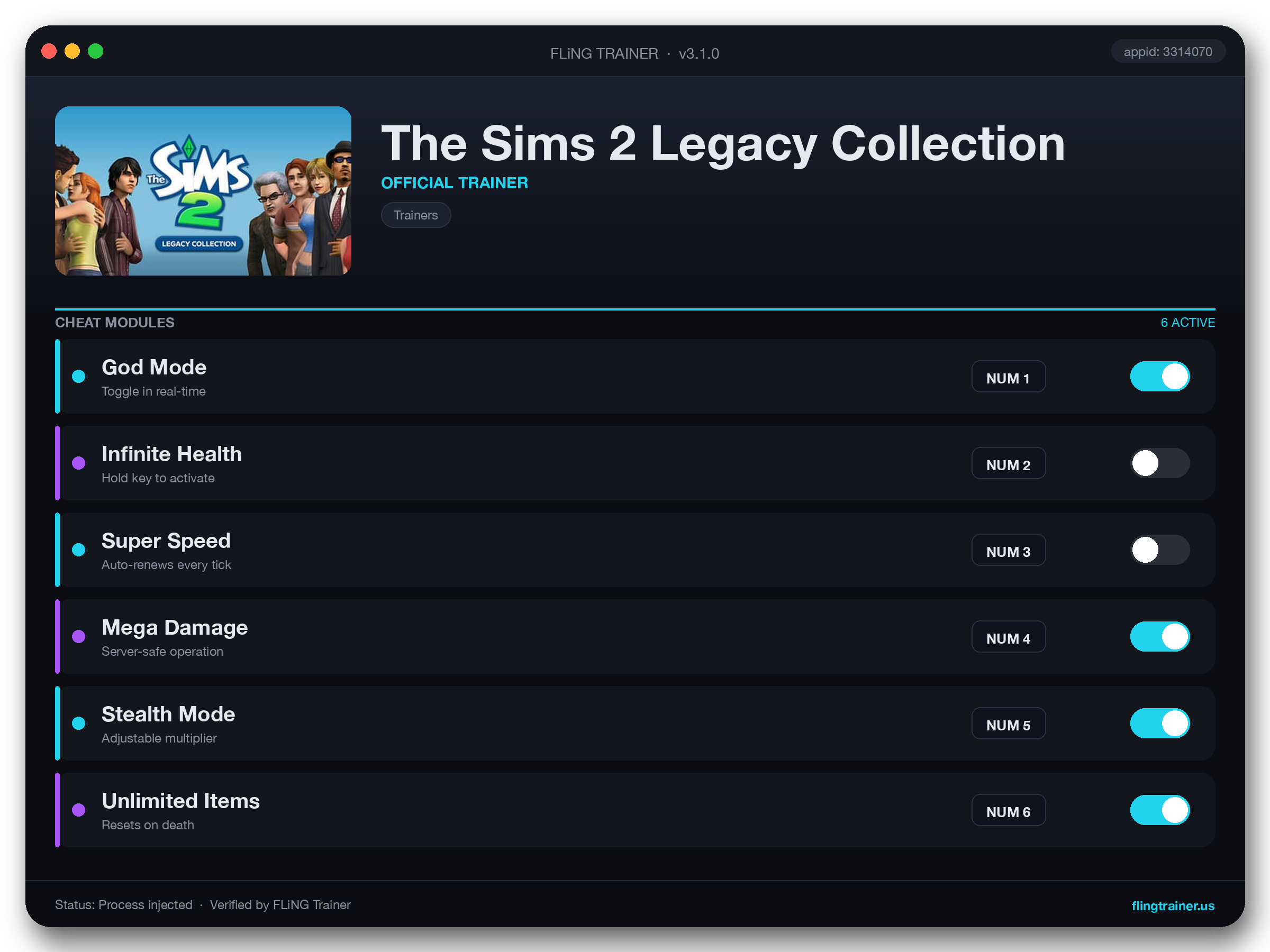 The Sims 2 Legacy Collection Trainer interface
