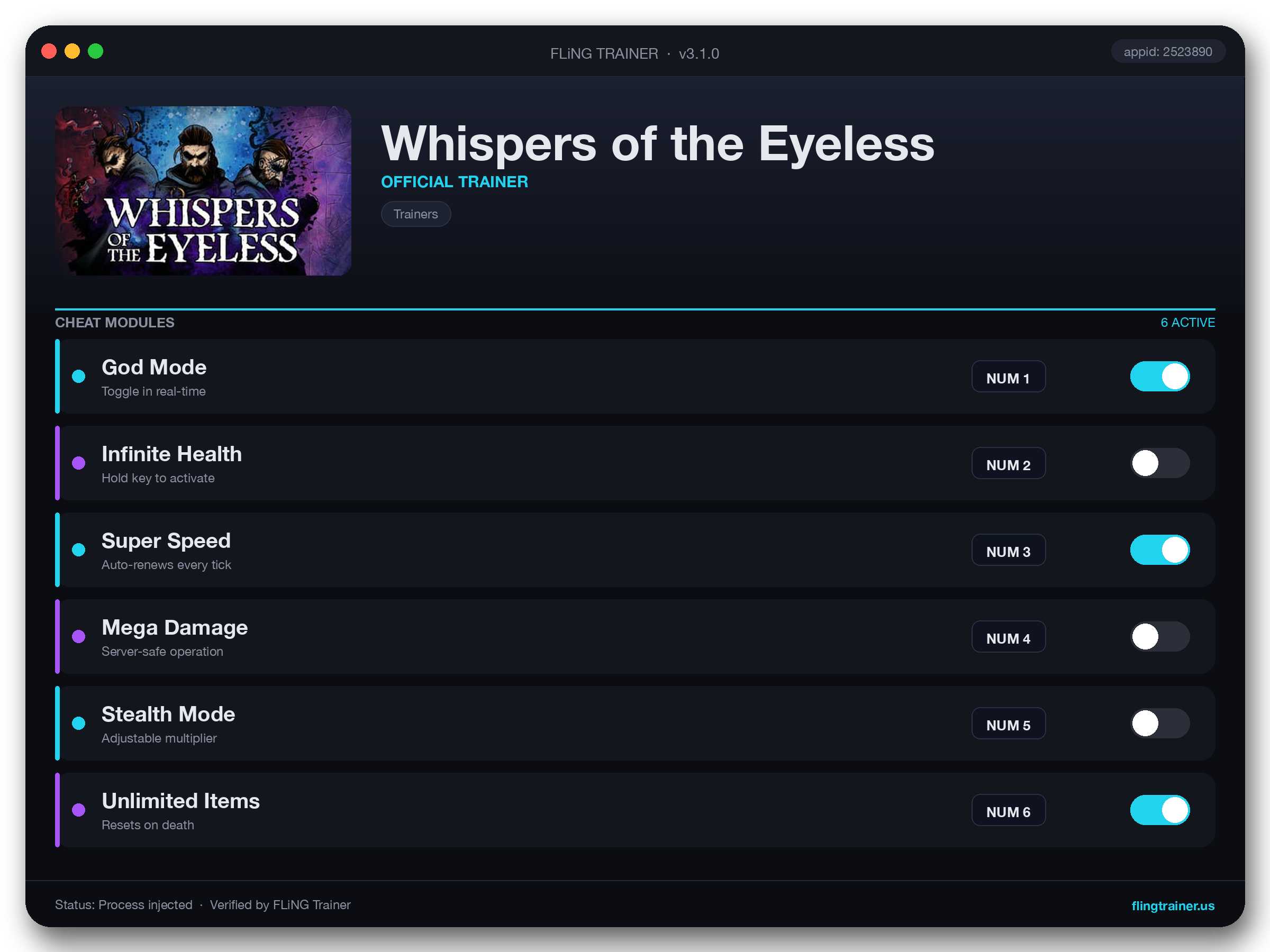 Whispers of the Eyeless Trainer interface