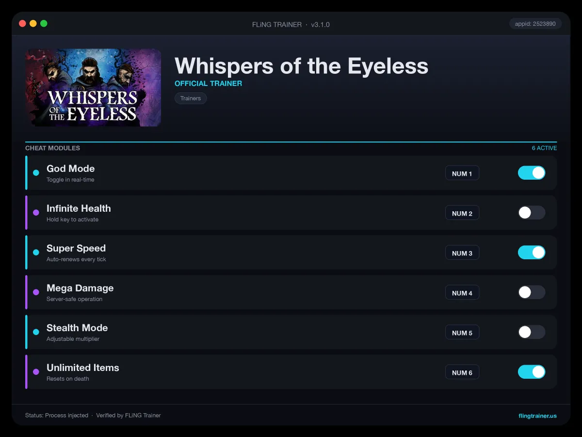 Whispers of the Eyeless Trainer interface