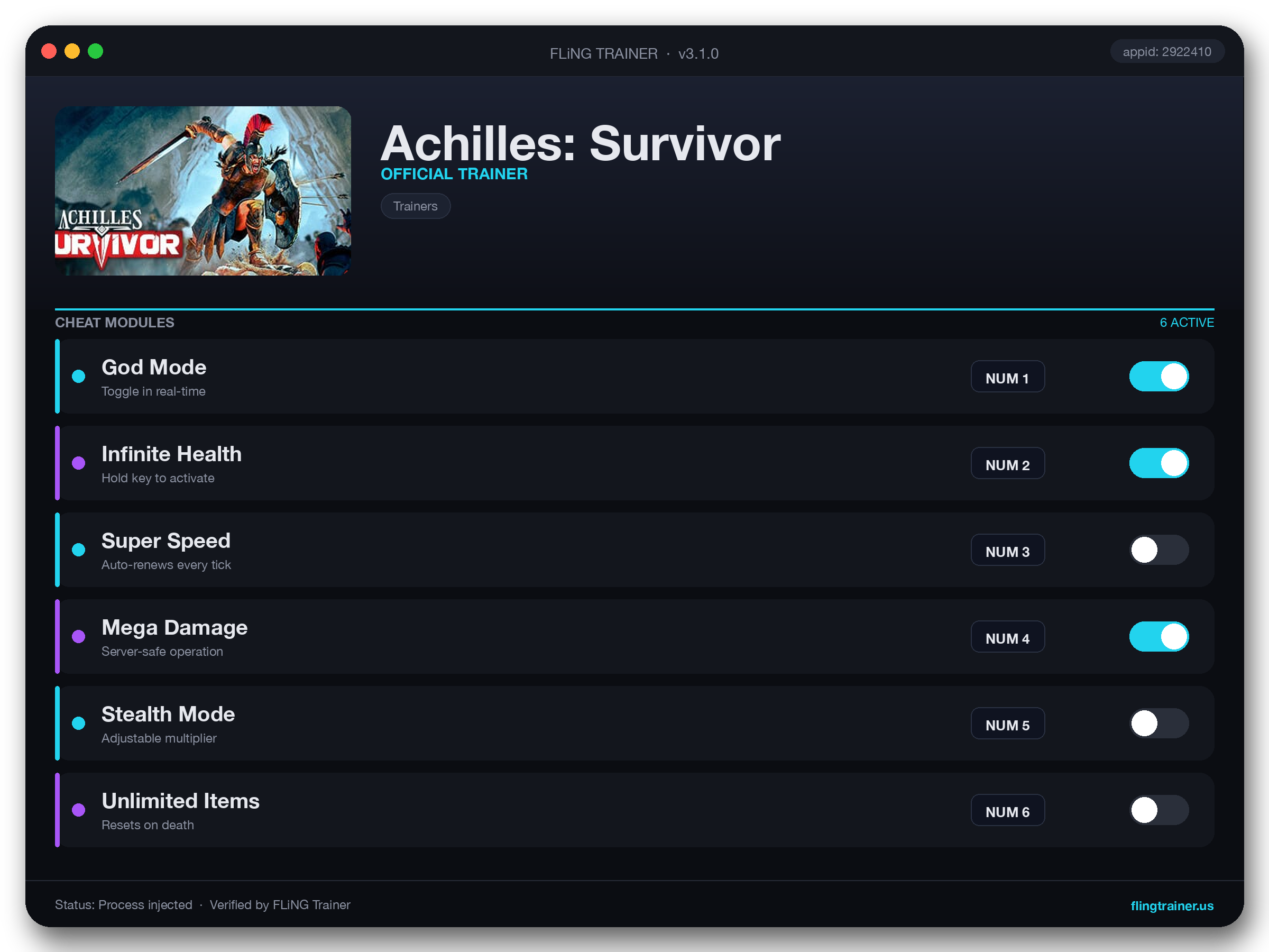Achilles: Survivor Trainer interface