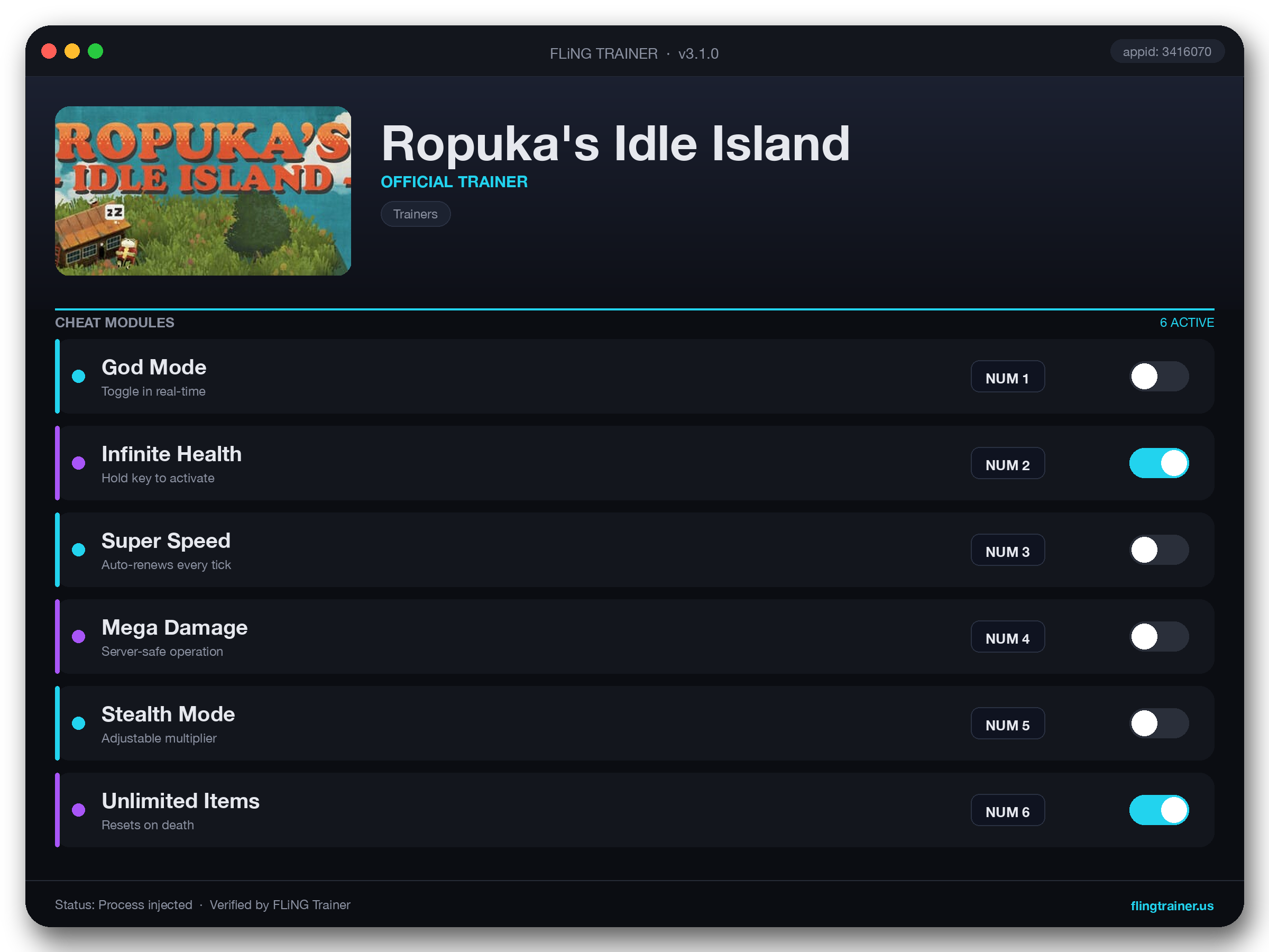 Ropuka's Idle Island Trainer interface