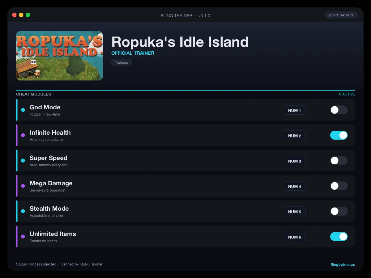 Ropuka's Idle Island Trainer interface
