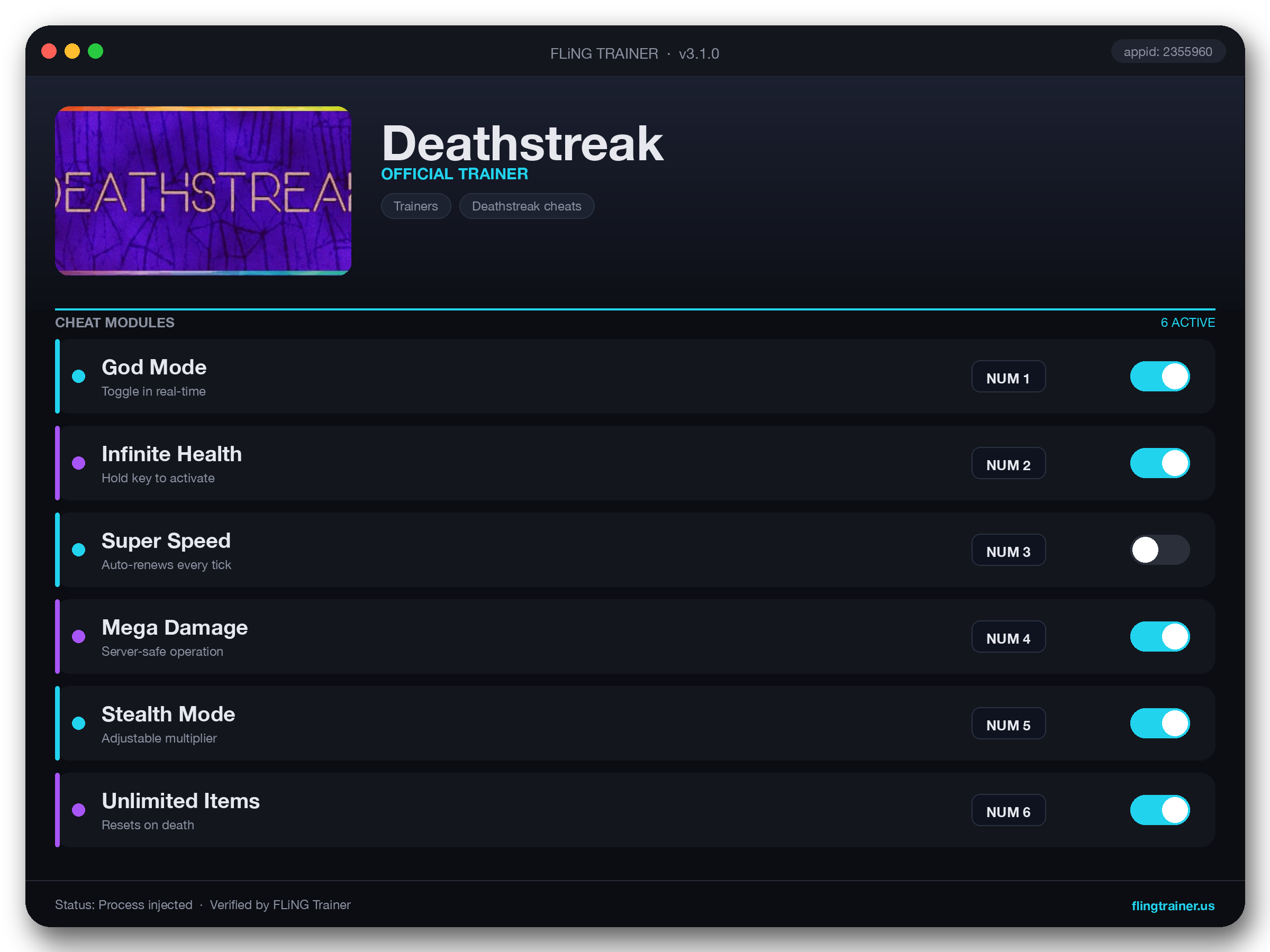 Deathstreak Trainer interface