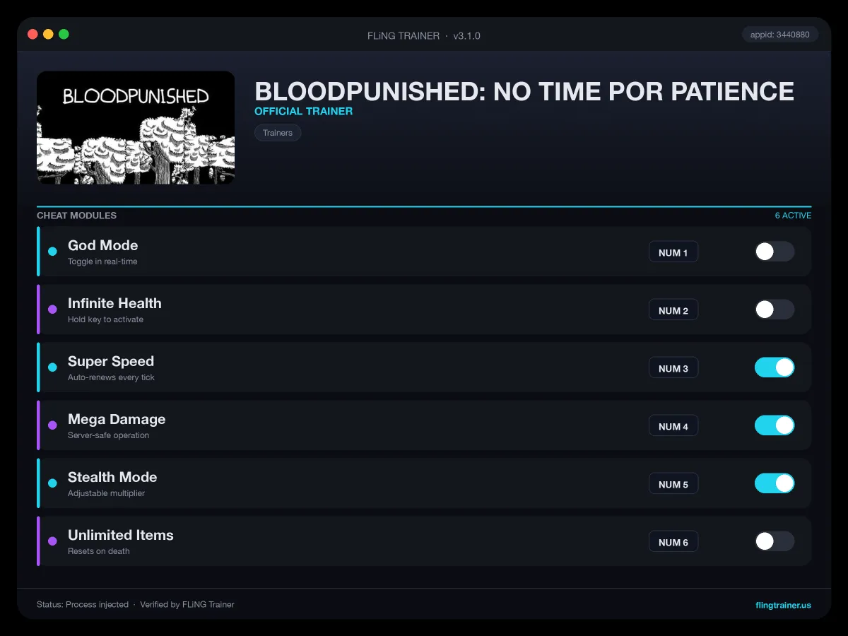 BLOODPUNISHED: NO TIME POR PATIENCE Trainer interface