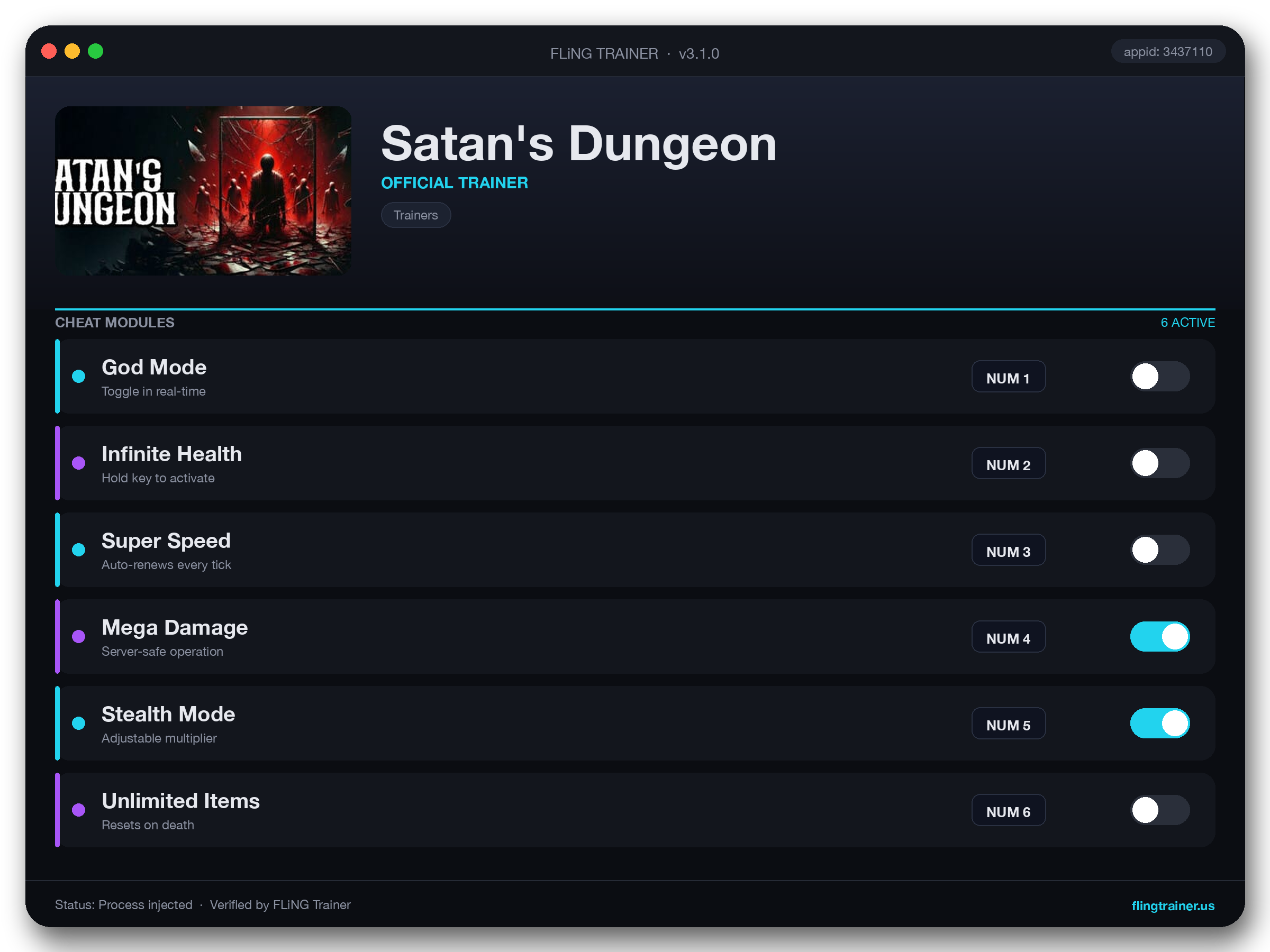 Satan's Dungeon Trainer interface