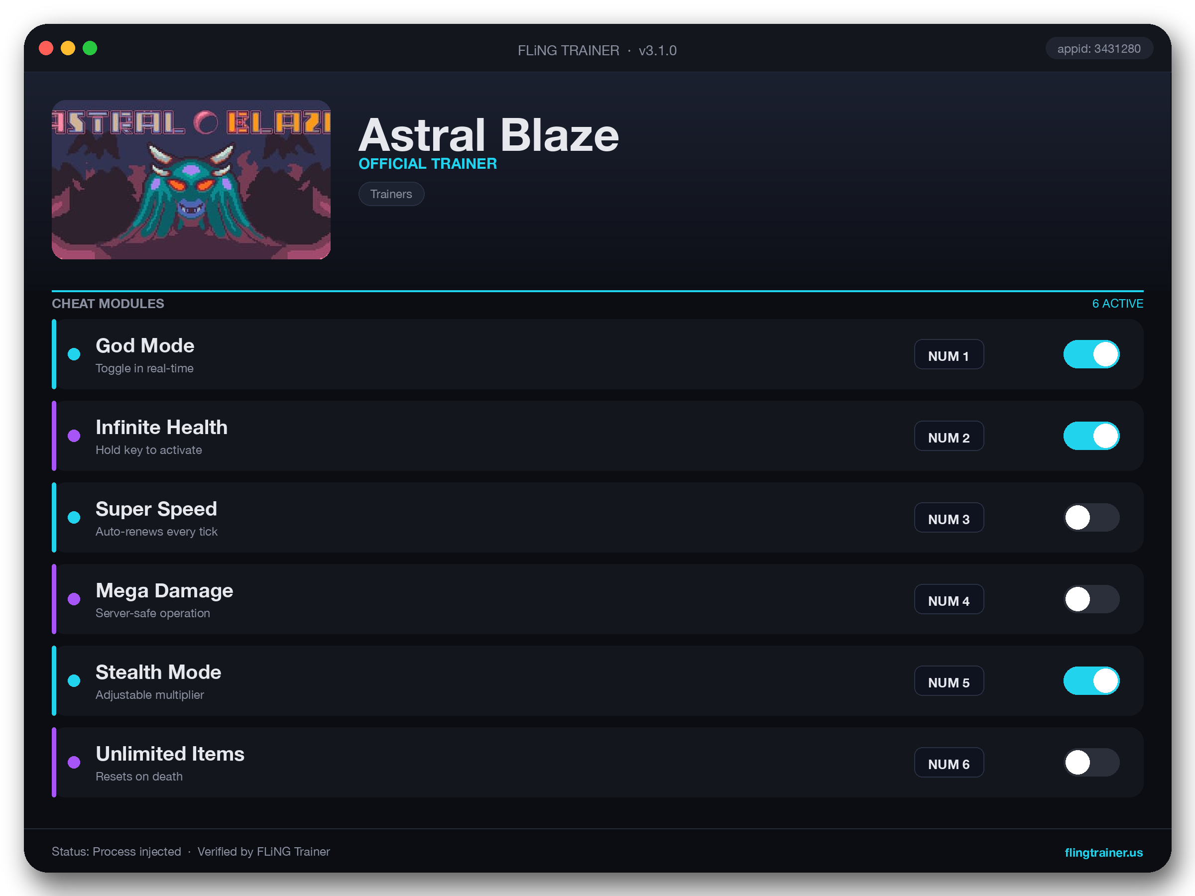Astral Blaze Trainer interface