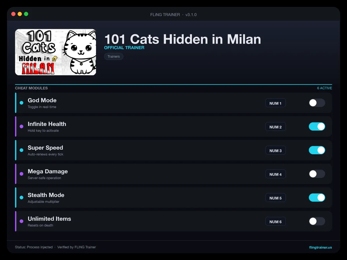 101 Cats Hidden in Milan Trainer interface
