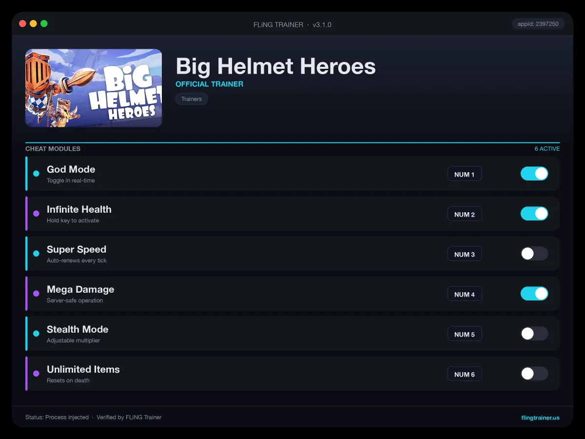 Big Helmet Heroes Trainer interface