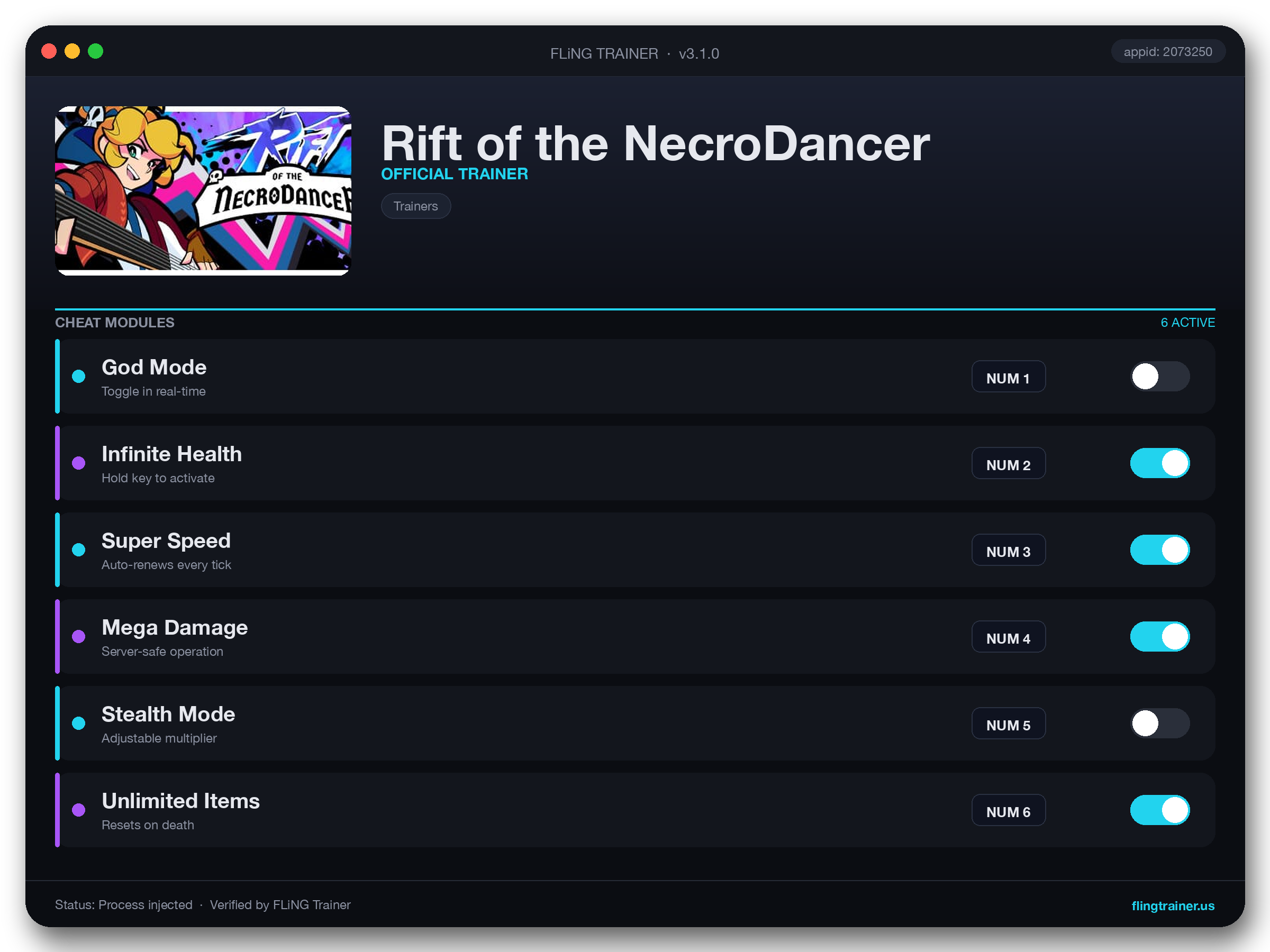 Rift of the NecroDancer Trainer interface