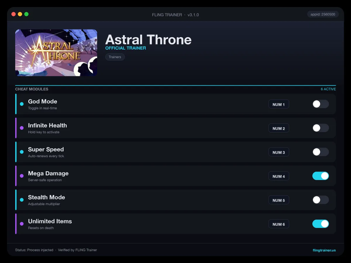 Astral Throne Trainer interface