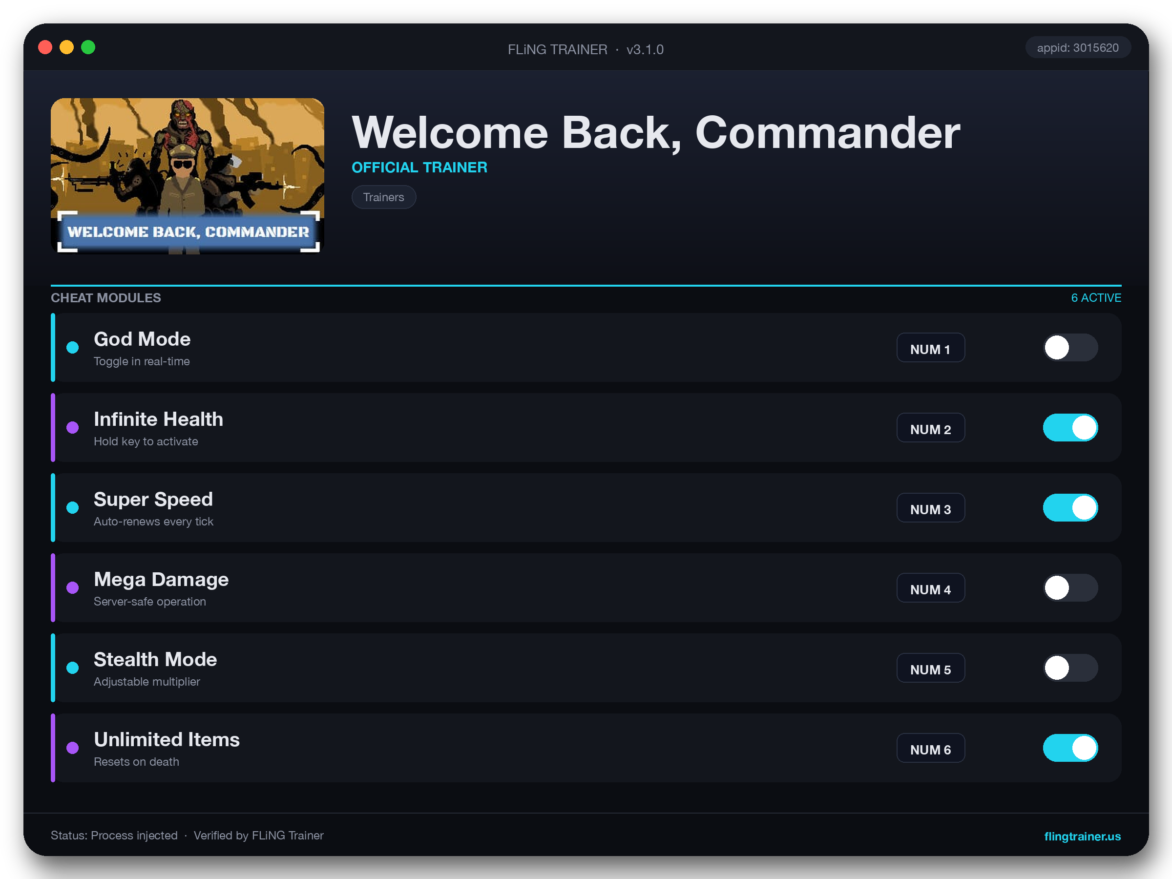 Welcome Back, Commander Trainer interface