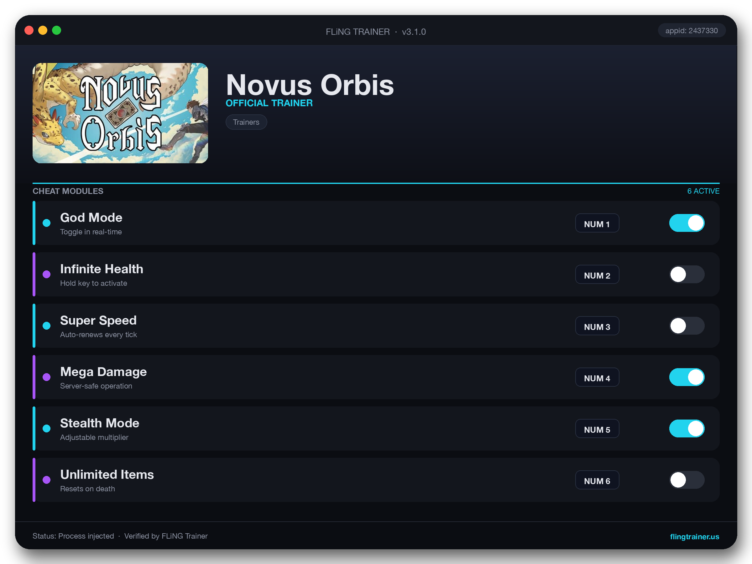 Novus Orbis Trainer interface