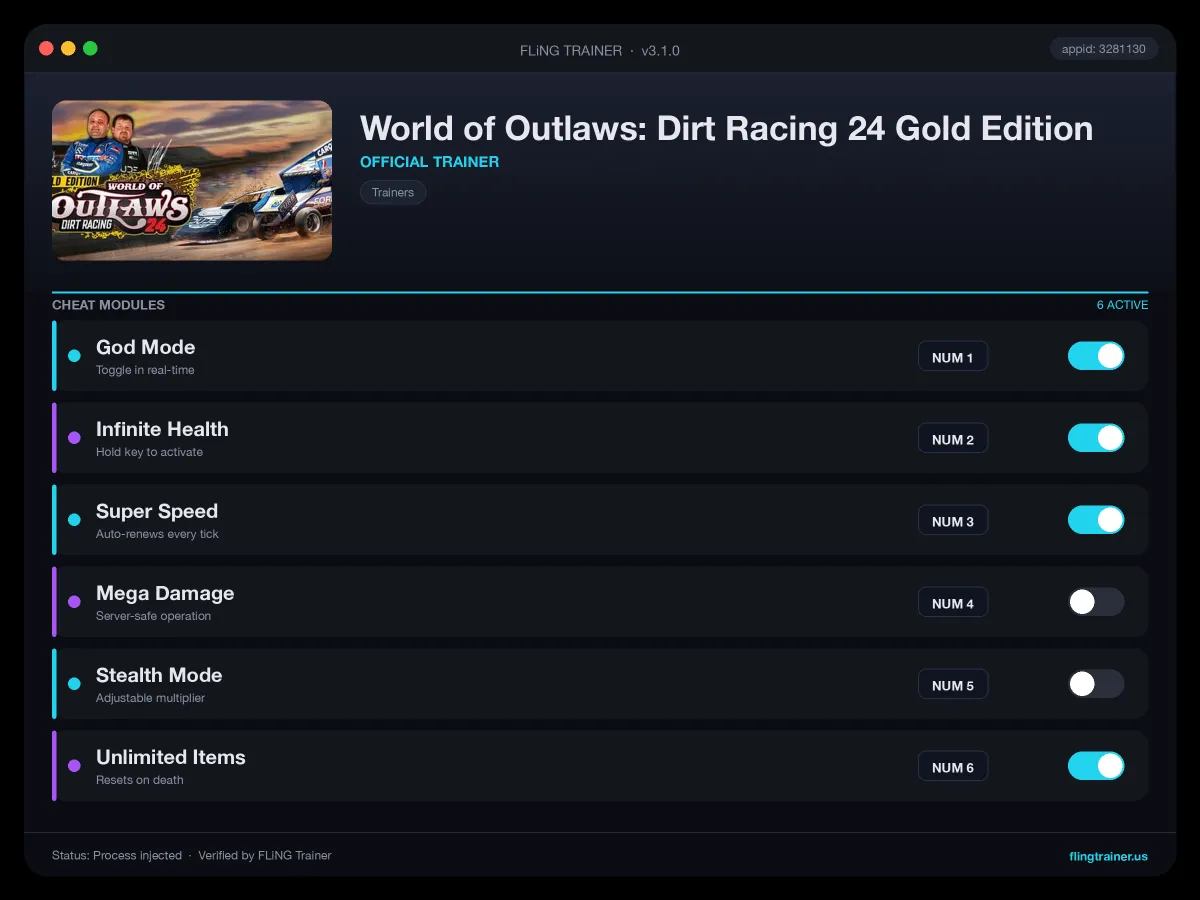 World of Outlaws: Dirt Racing 24 Gold Edition Trainer interface