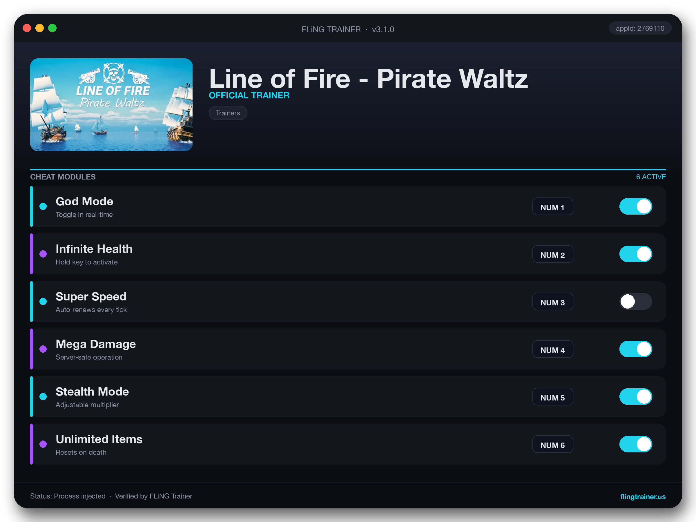 Line of Fire - Pirate Waltz Trainer interface