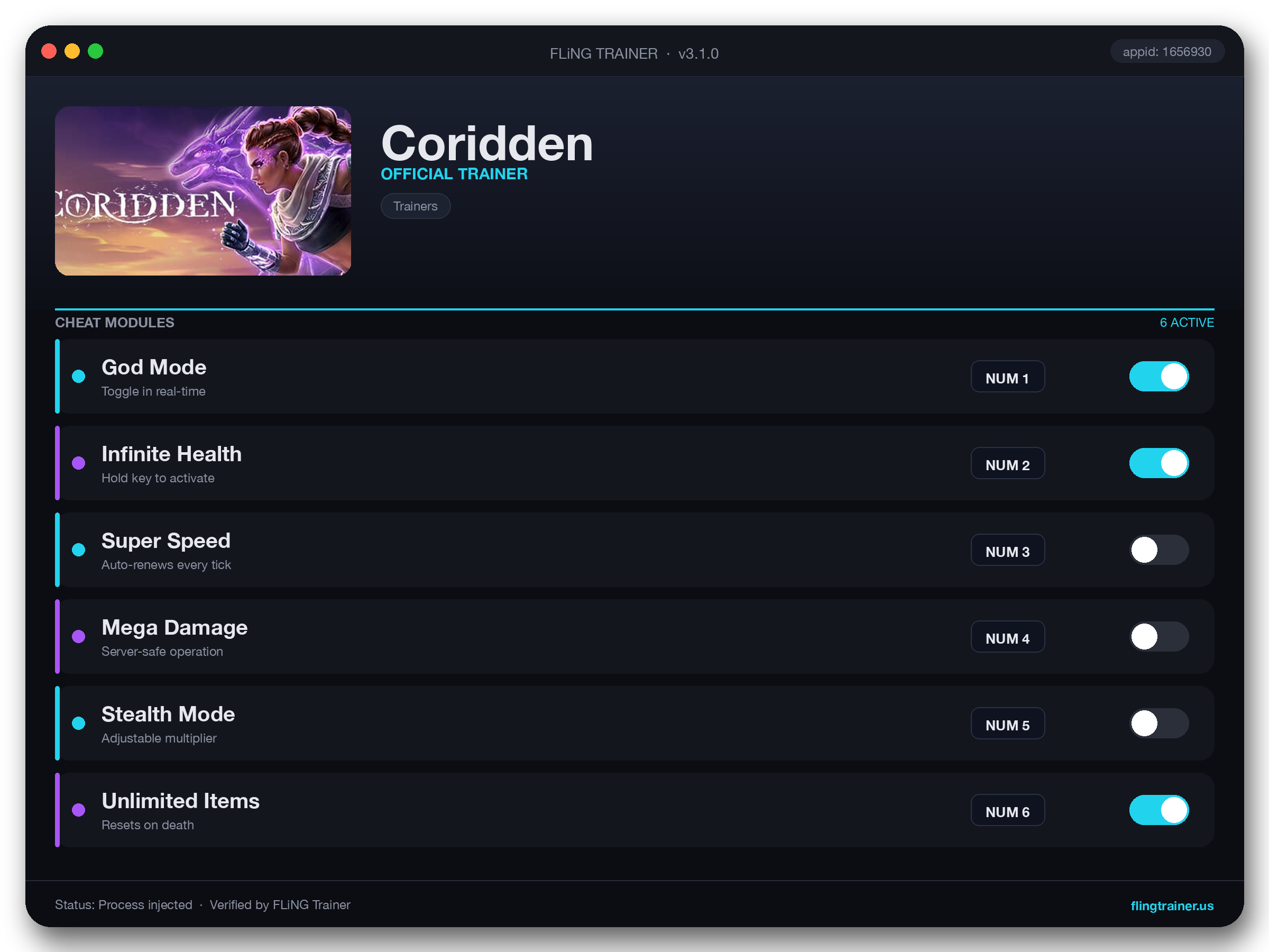Coridden Trainer interface