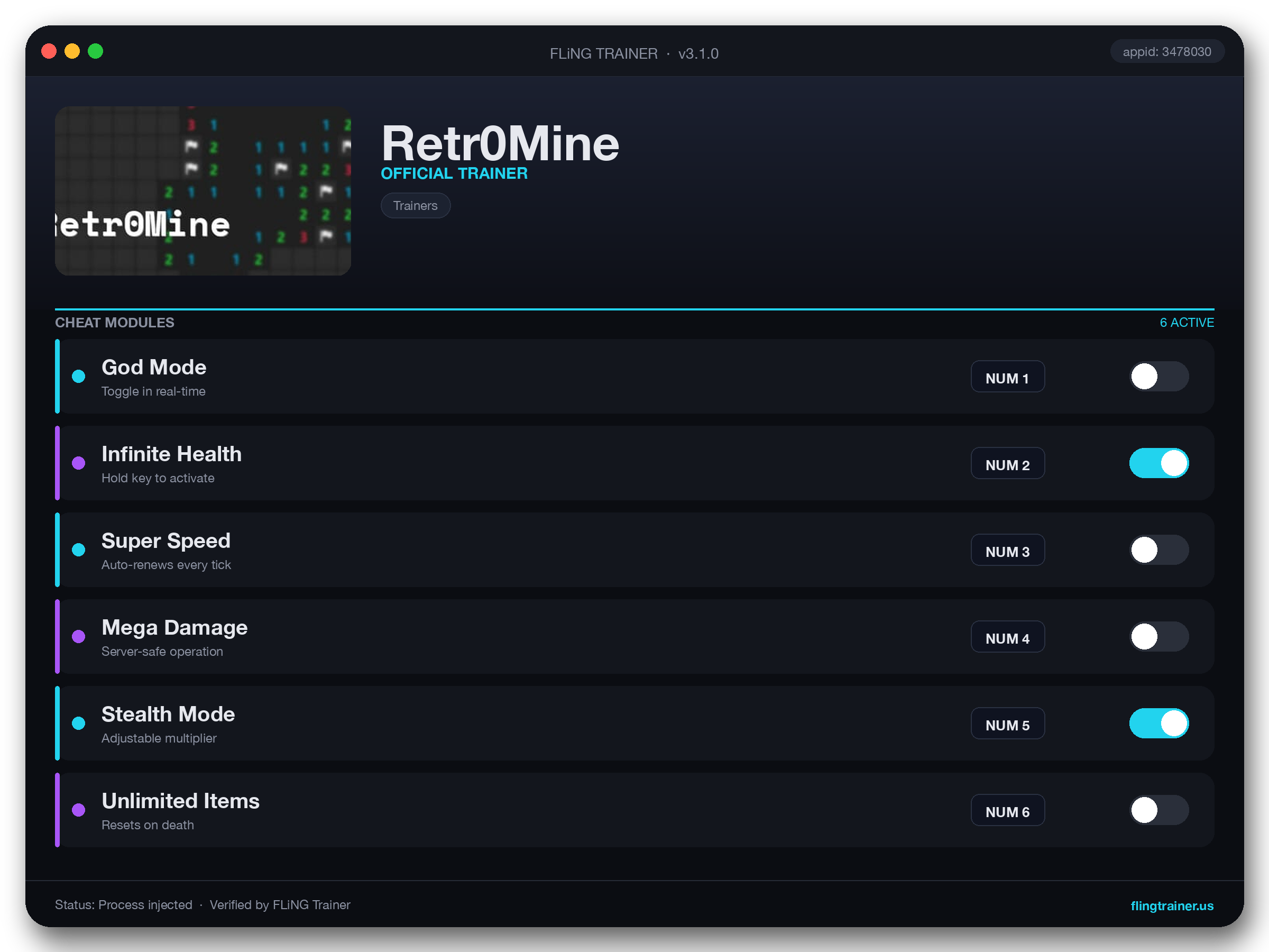 Retr0Mine Trainer interface